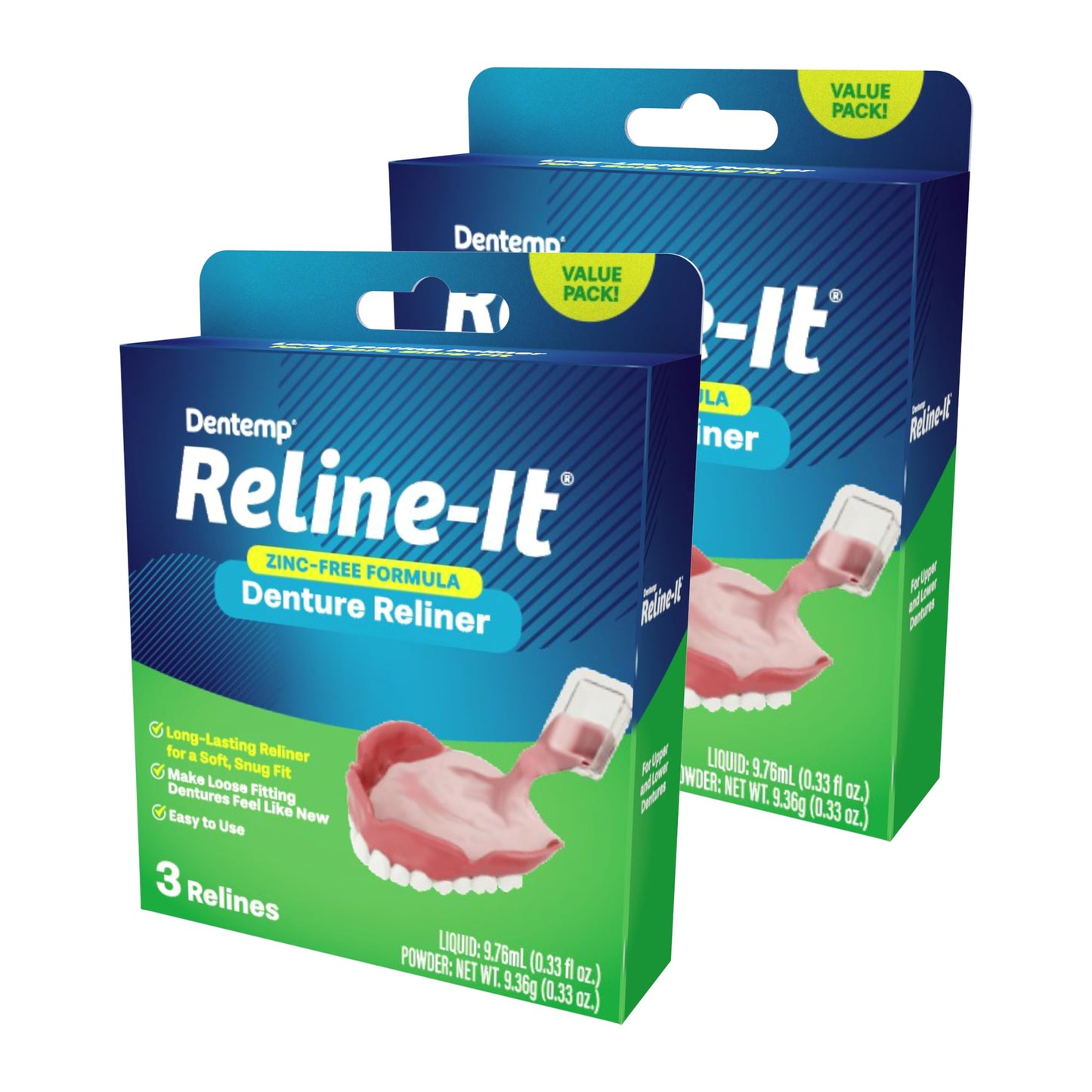 Dentemp Reline-It Denture Reliner Kit – 2 Pack (6 Relines) for Upper & Lower Dentures