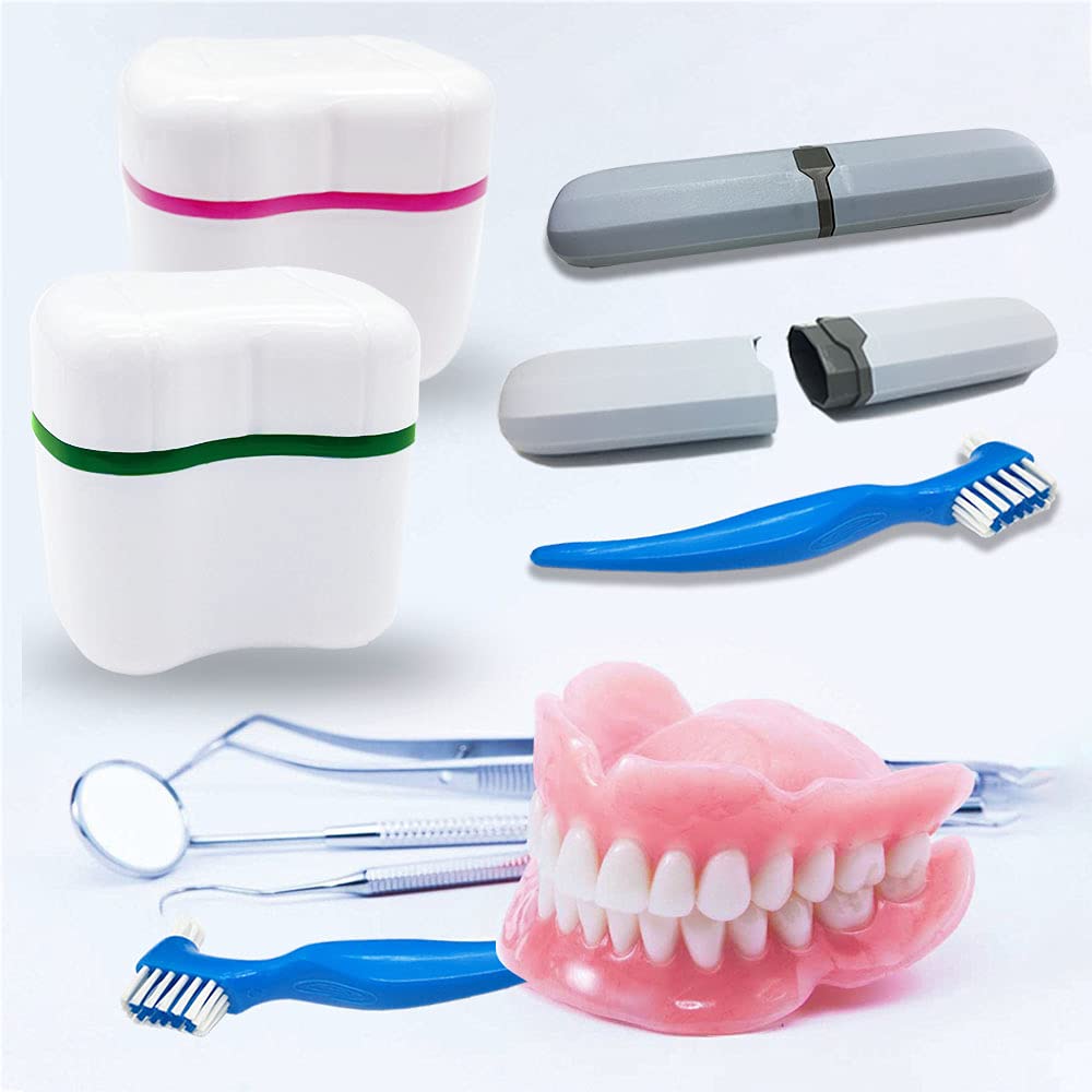 Denture Case Kit with Lid โ 2 Bath Cups, 2 Brushes & 2 Portable Boxes