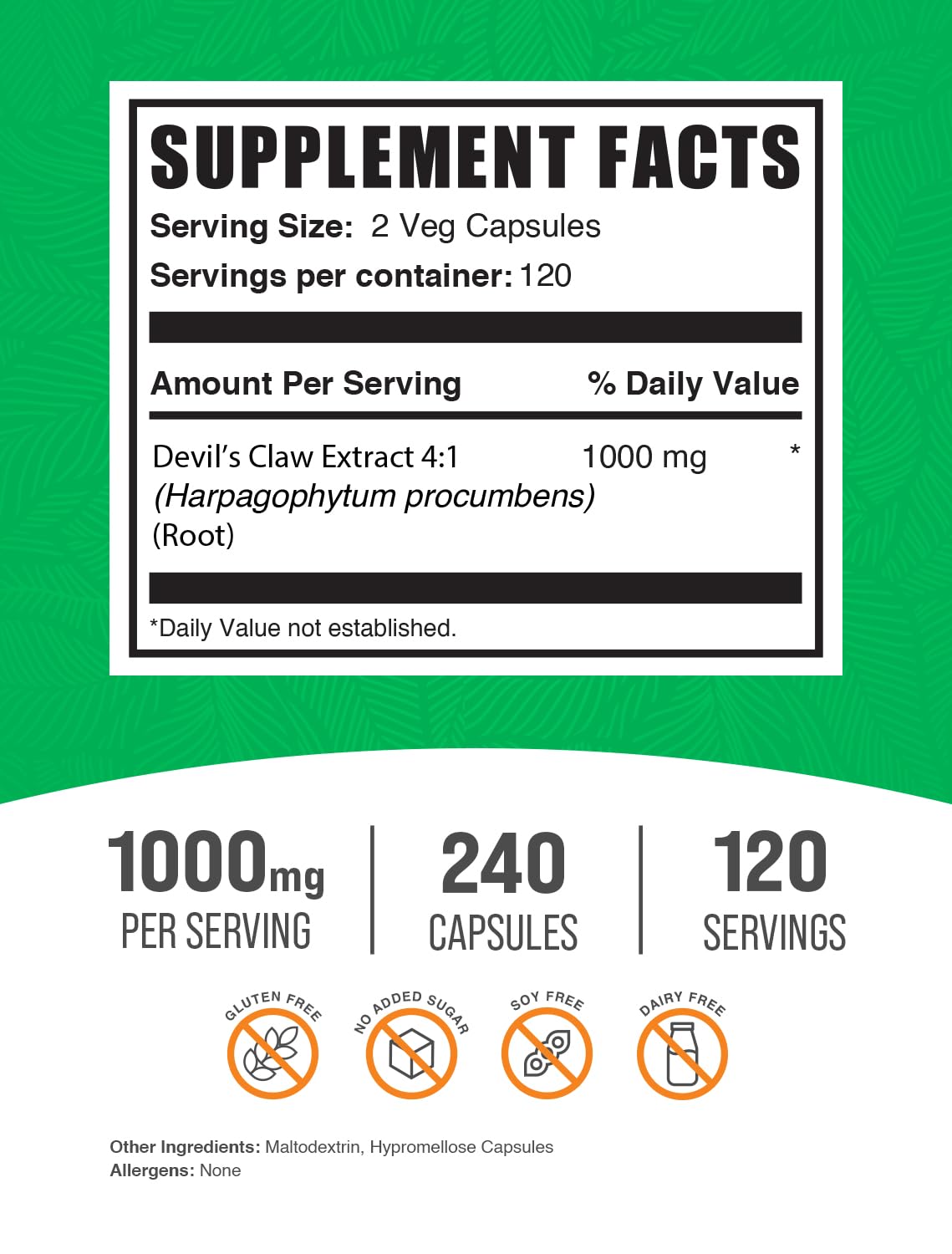 Devil's Claw Extract Capsules โ Vegan & Gluten Free (240 Veg Caps) | BulkSupplements