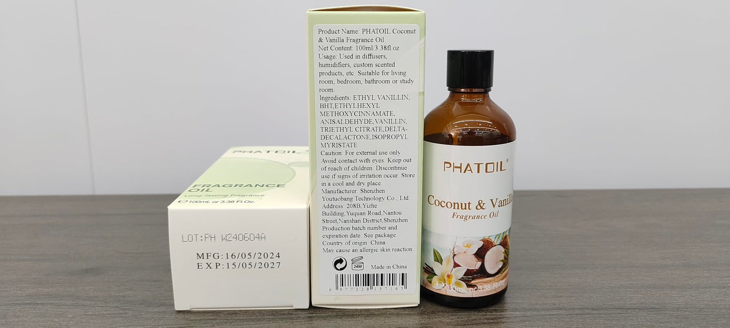 Coconut & Vanilla Fragrance Oil 100ML โ PHATOIL Diffuser & DIY Soap/Candle Oil