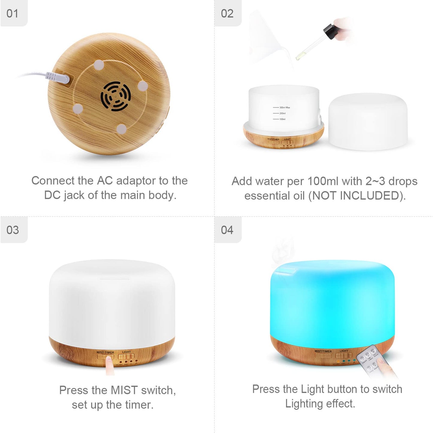 300ML Essential Oil Diffuser with Remote Control โ Ultrasonic Cool Mist Humidifier, 7 LED Colors, Auto-Off