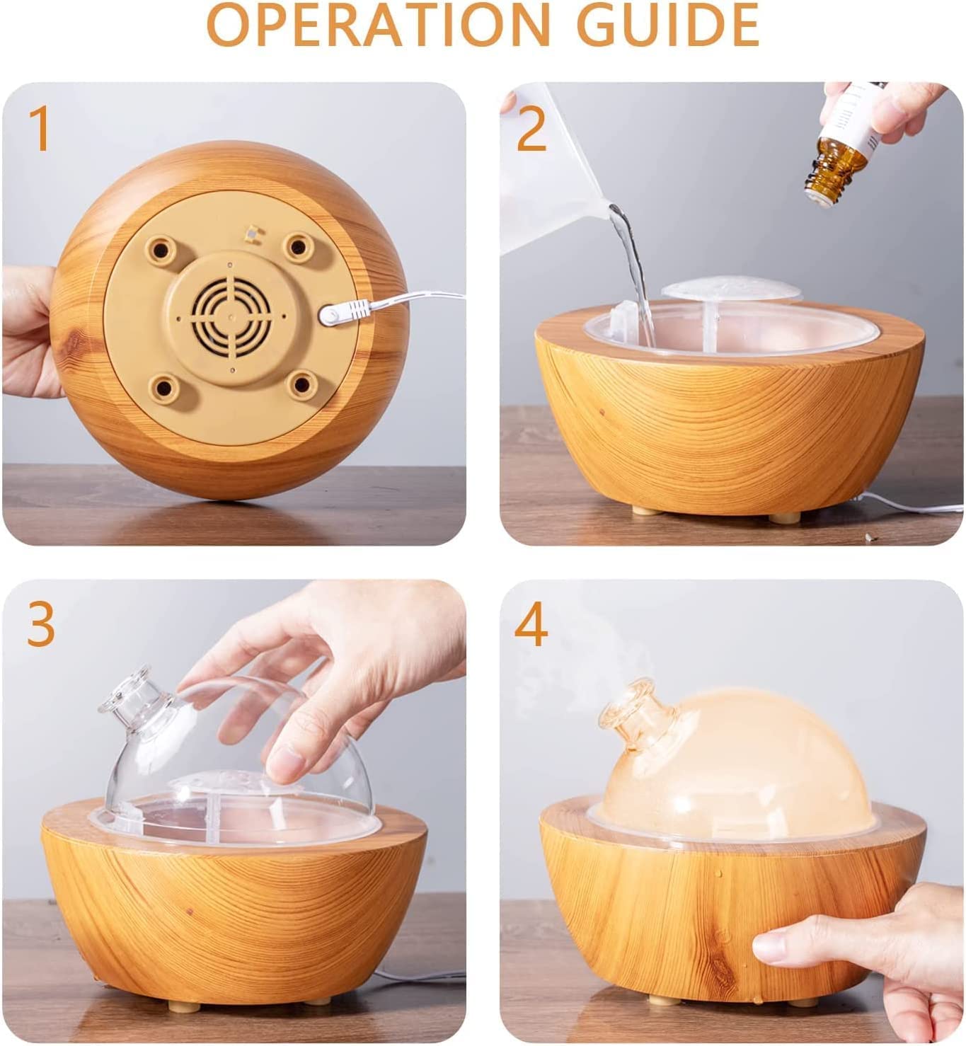 280ml Glass Essential Oil Diffuser โ Wood Grain Base | Auto Shut-Off | 7-Color LED Lights