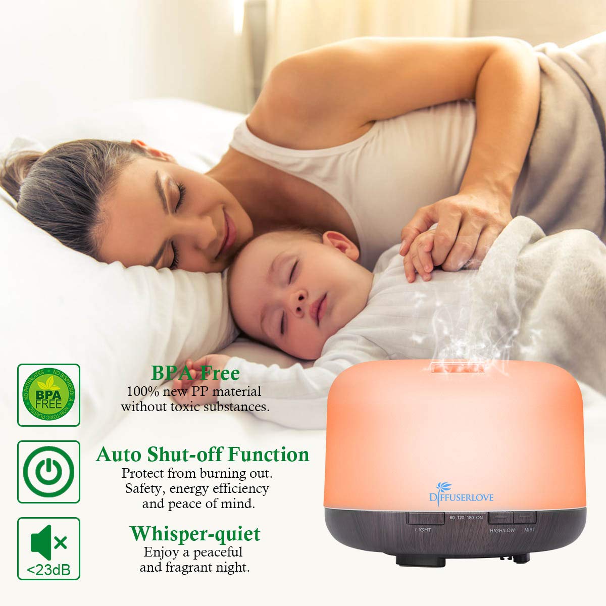 Diffuserlove 500ML Essential Oil Diffuser โ 7 Color LED Lights, 7-Hour Mist, Auto Shut-Off