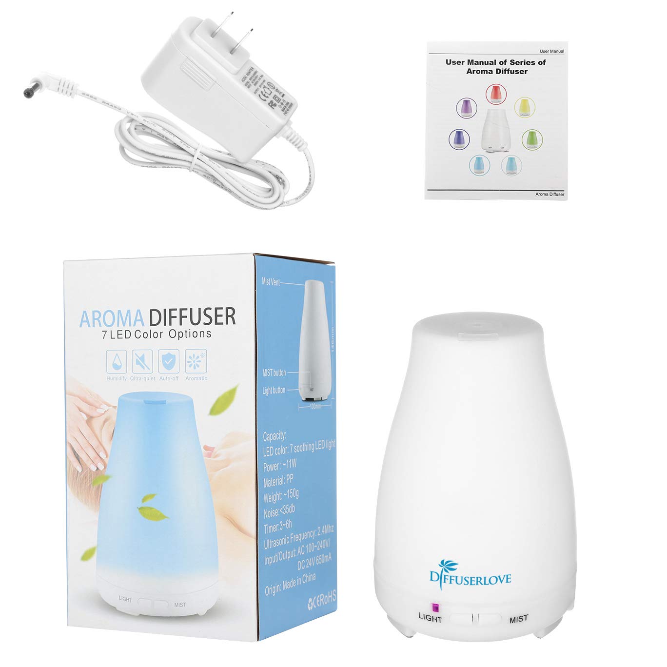 Diffuserlove 200ML Essential Oil Diffuser โ Remote Control Ultrasonic Mist, BPA-Free Aromatherapy with 7 Color Lights