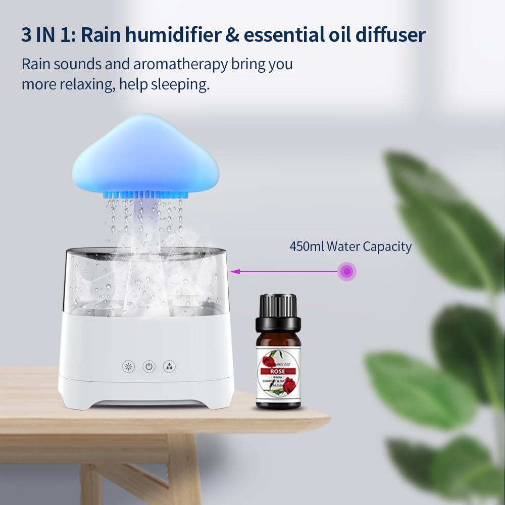 Diffuserlove Rain Diffuser 450ML โ Cloud Humidifier with Rain Sounds, Remote Control, RGB Lamp (6.54''x10.5'')