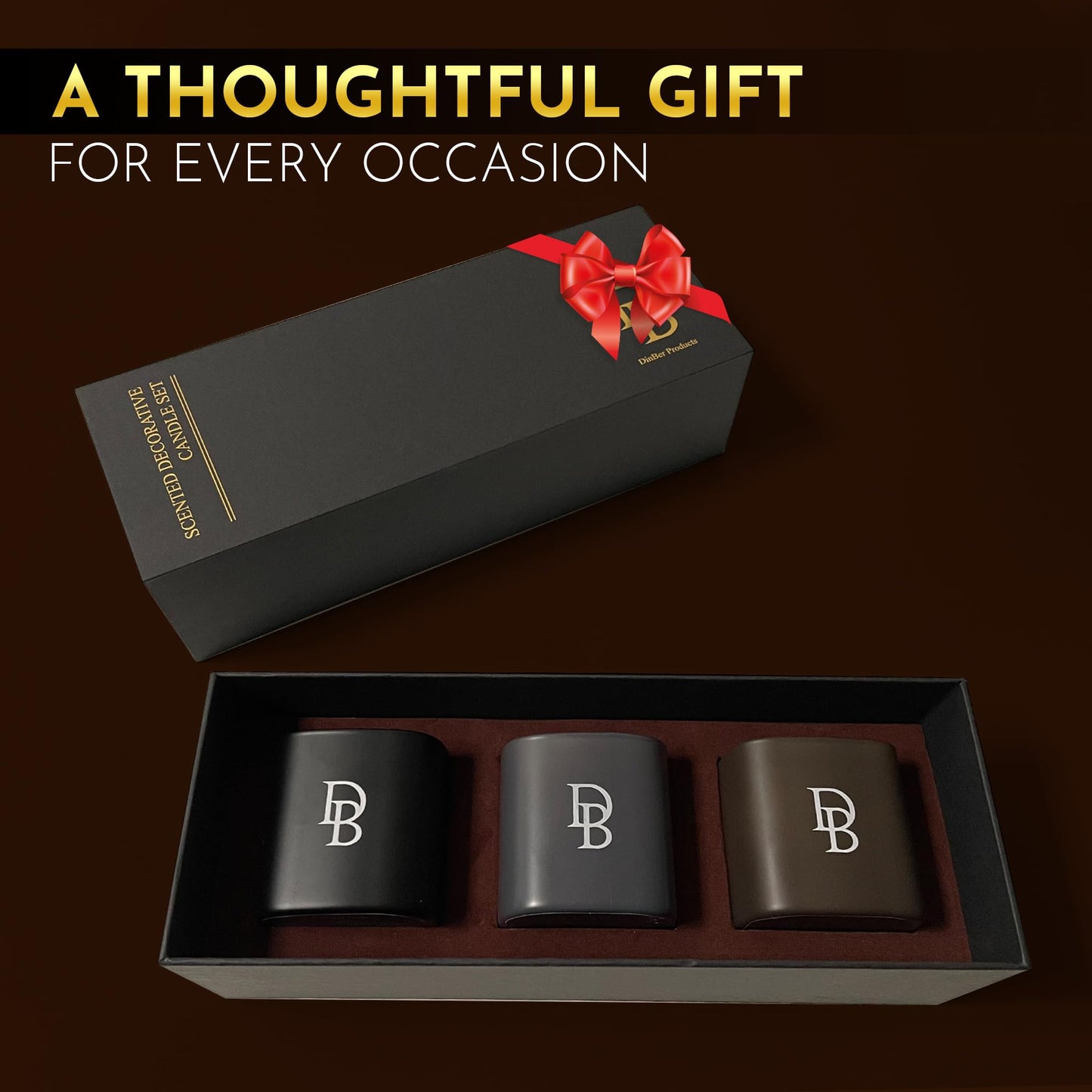 DinBer Candle Gift Set โ 3 Scented Soy Candles (50+ hrs each) | Amber Allure, Red Teakwood & Champagne โ Flower-Inspired Scents