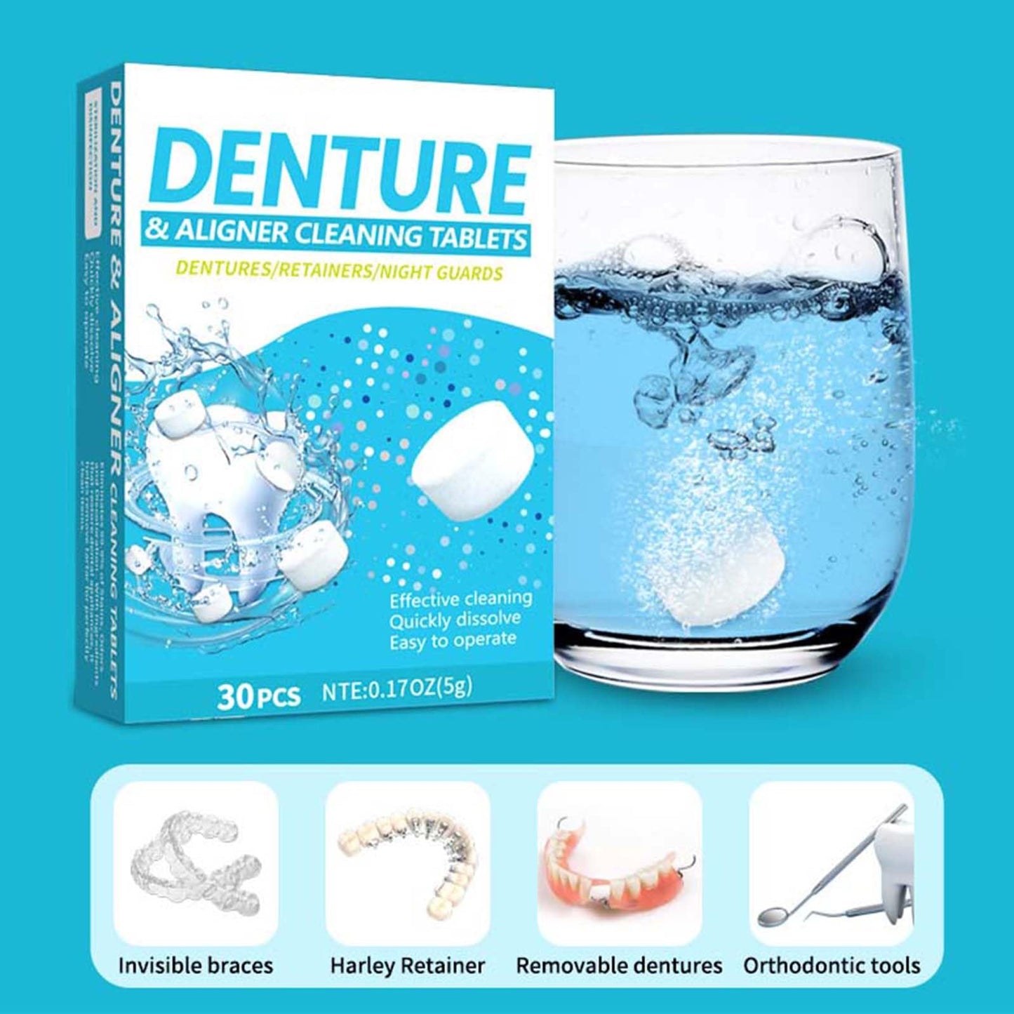 Retainer Cleaner Tablets 30 Count โ Effervescent Cleaning for Aligners, Night Guards & Dentures