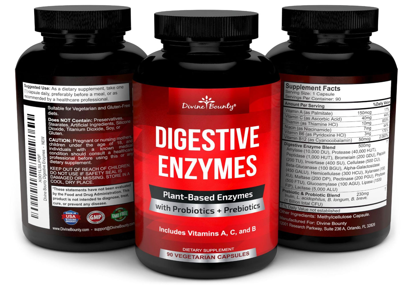 Divine Bounty Digestive Enzymes with Probiotics & Prebiotics โ 90 Vegetarian Capsules