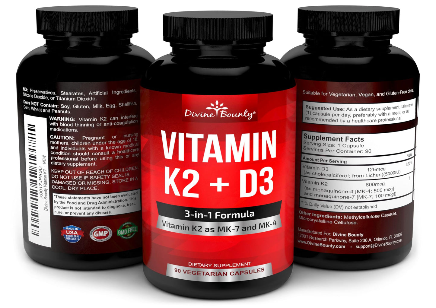 Divine Bounty Vitamin K2 + D3 (MK7 & MK4) β 90 Vegetarian Capsules