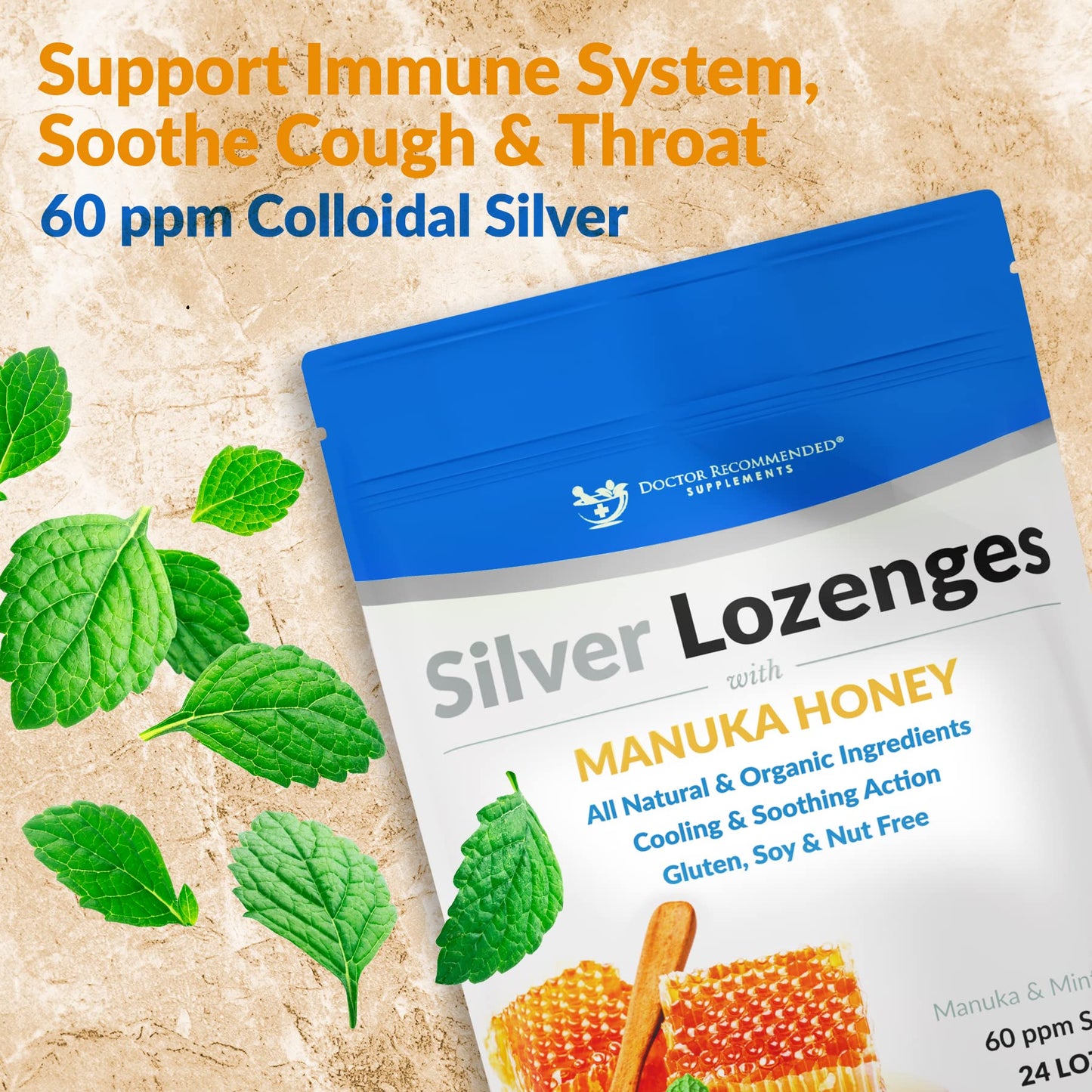Silver Lozenges with Manuka Honey & Vitamin C โ Nano Silver 60 PPM, 45-50mcg, 24 Lozenges