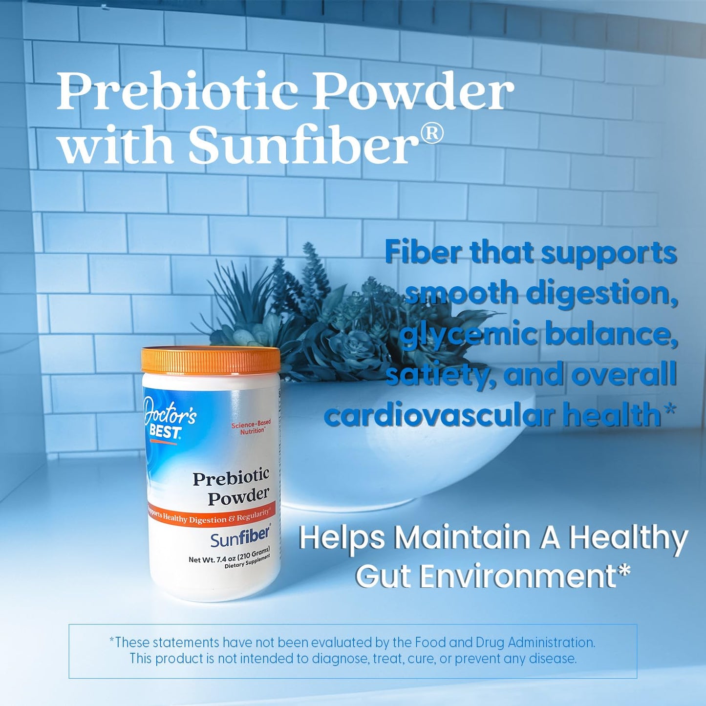 Doctor's Best Prebiotic Fiber Powder with Sunfiber โ 7.4 oz, Gluten Free, Non-GMO, Vegan, Easy Dissolve