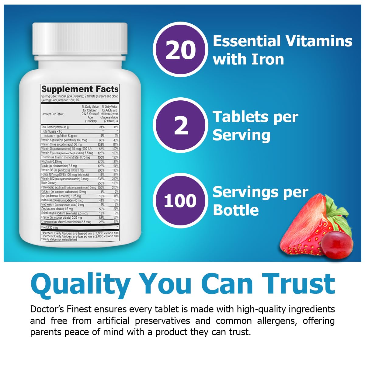 Doctor's Finest Kids Multivitamin & Mineral with Iron โ Grape & Berry, 150 Chewable Tablets