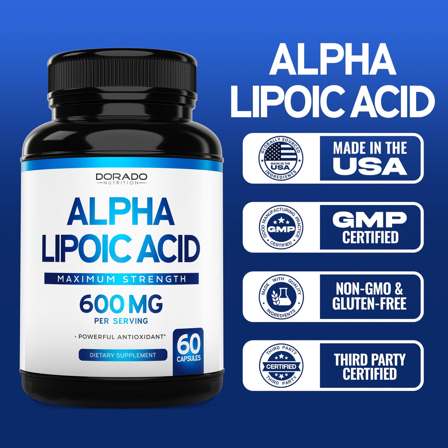 Alpha Lipoic Acid 600mg – 60 Capsules | Potent Antioxidant for Neuropathy & Cardiovascular Health | USA Made