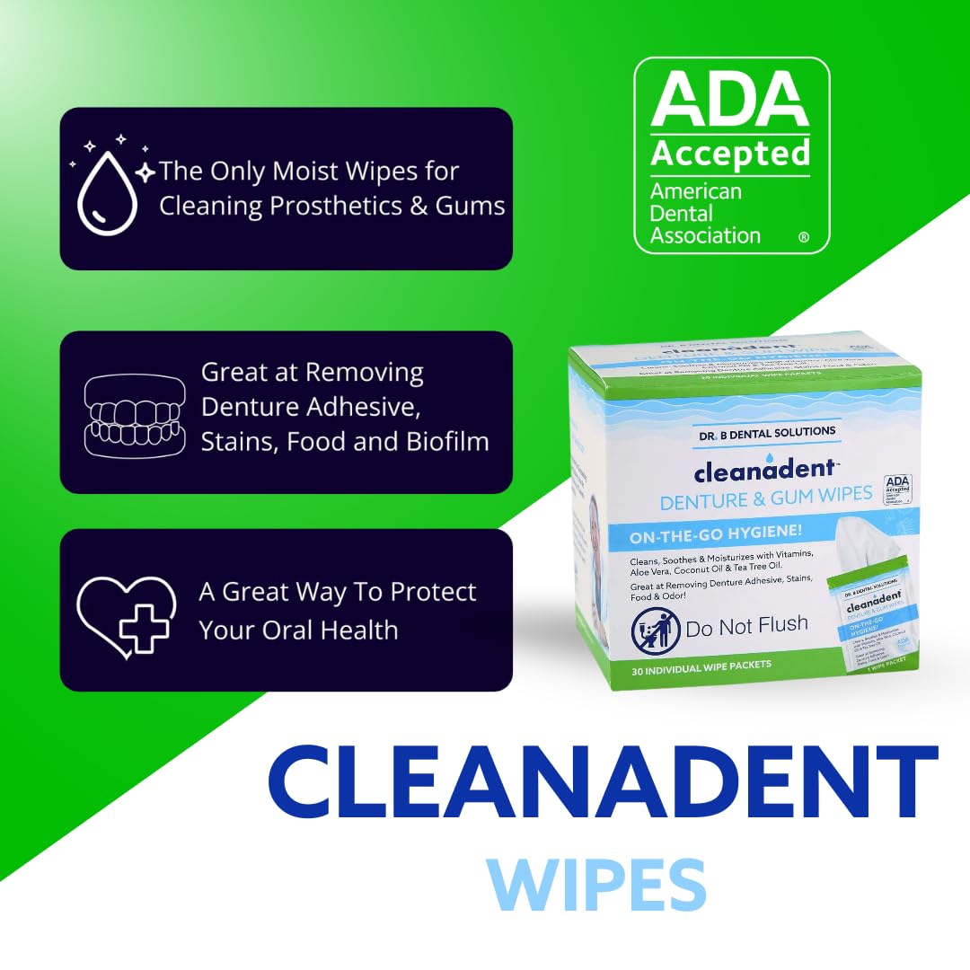 Dr. B Dental Solutions Cleanadent Wipes โ Denture Cleaning Wipes, Refreshes Gums, No Artificial Colors/Flavors โ 60 Count
