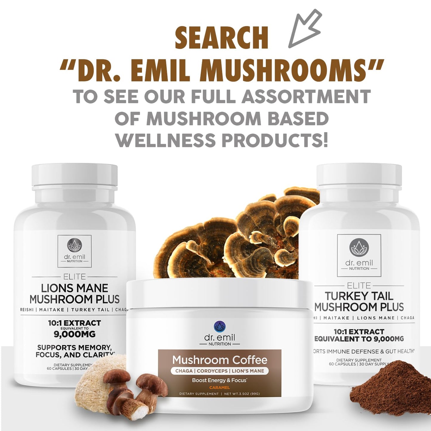 Dr. Emil Nutrition Turkey Tail Mushroom Capsules โ Immunity & Gut Health Formula with Lion's Mane, Chaga, Reishi & Maitake