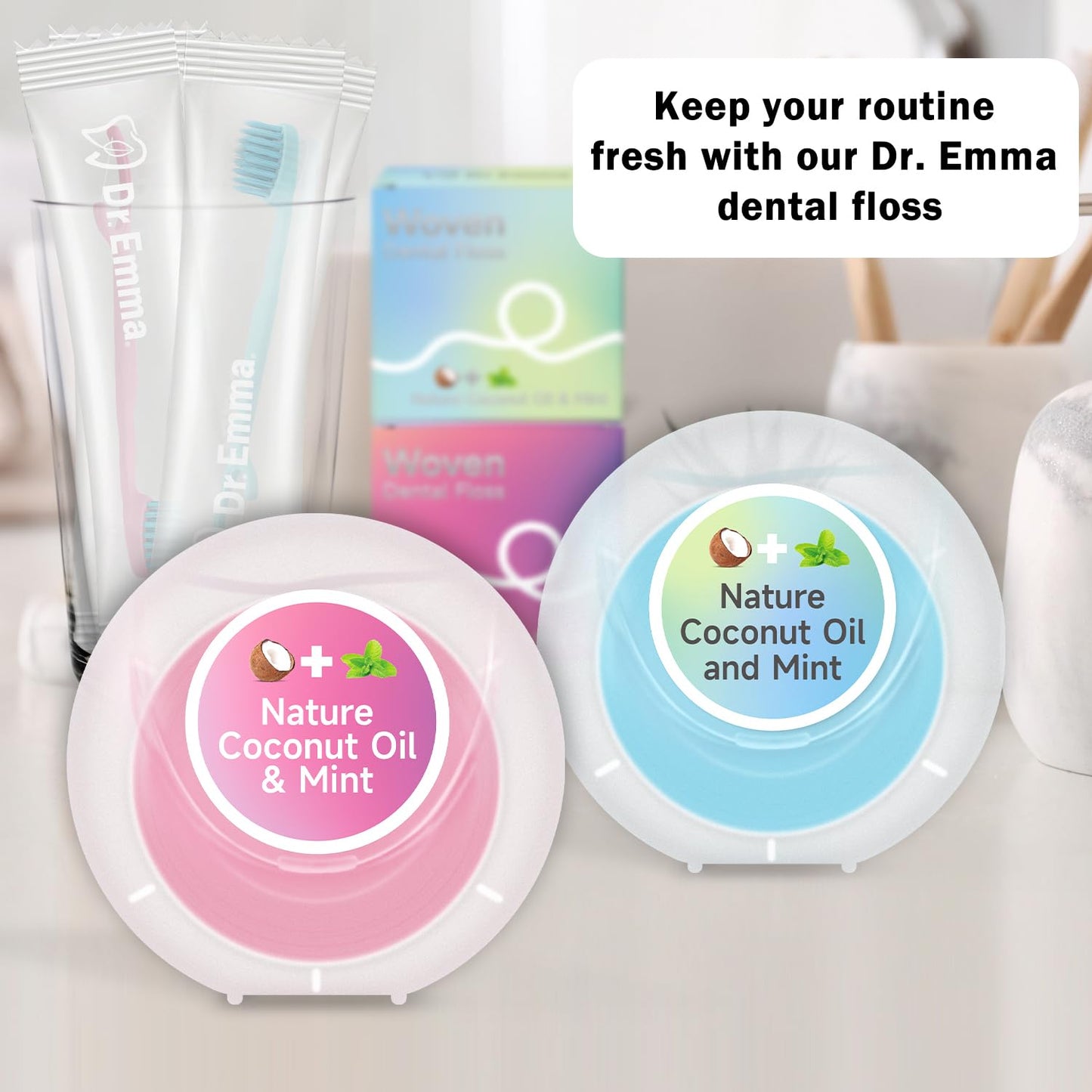 Dr. Emma Woven Coconut Oil-Infused Expanding Dental Floss โ Mint, 33 yd, Pack of 4