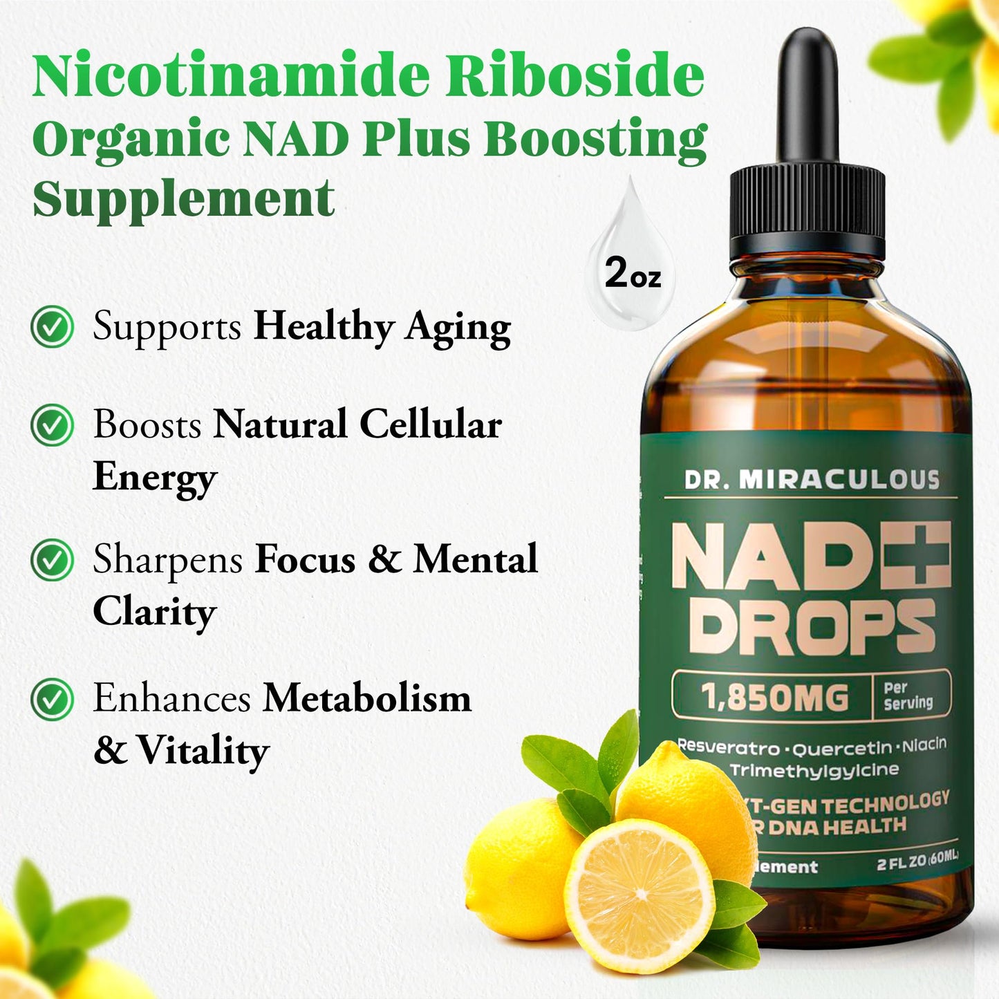 Dr. Miraculous NAD+ 1850mg Liquid Drops โ Organic Nicotinamide Riboside, Lemon Flavor