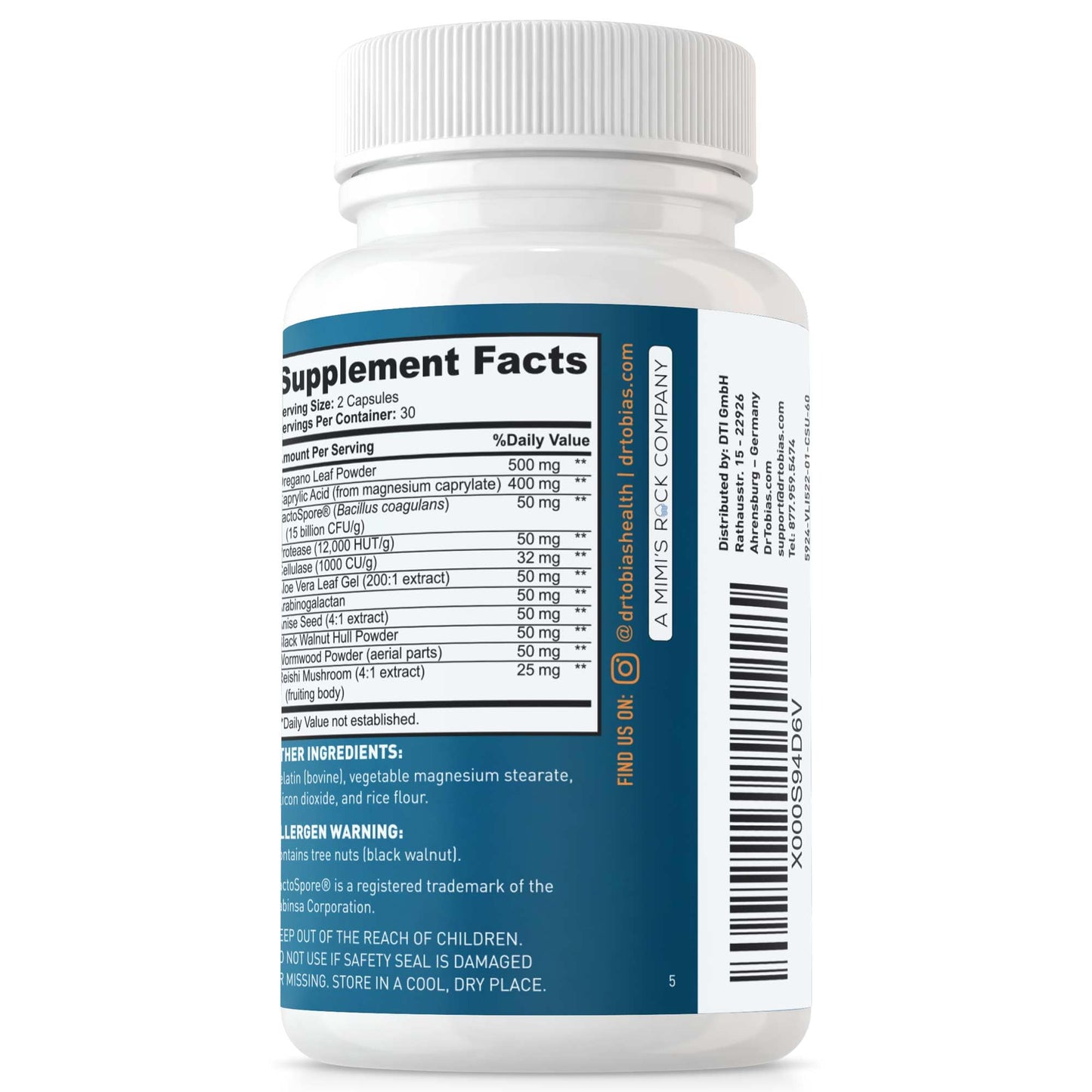 Dr. Tobias Candida Support โ Gut Flora Balance Complex with Oregano, Caprylic Acid, Enzymes & Probiotics | 60 Capsules