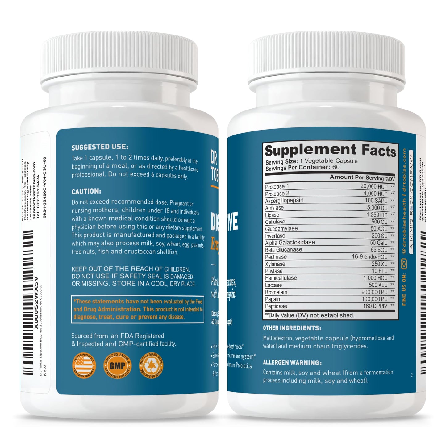 Dr. Tobias Digestive Enzymes with Amylase, Lipase, Bromelain, Lactase, Protease & More โ 60 Capsules | Digestion & Gut Health
