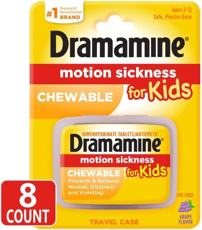 Dramamine Motion Sickness Relief for Kids β Grape Chewables, 8 Count (Pack of 2)