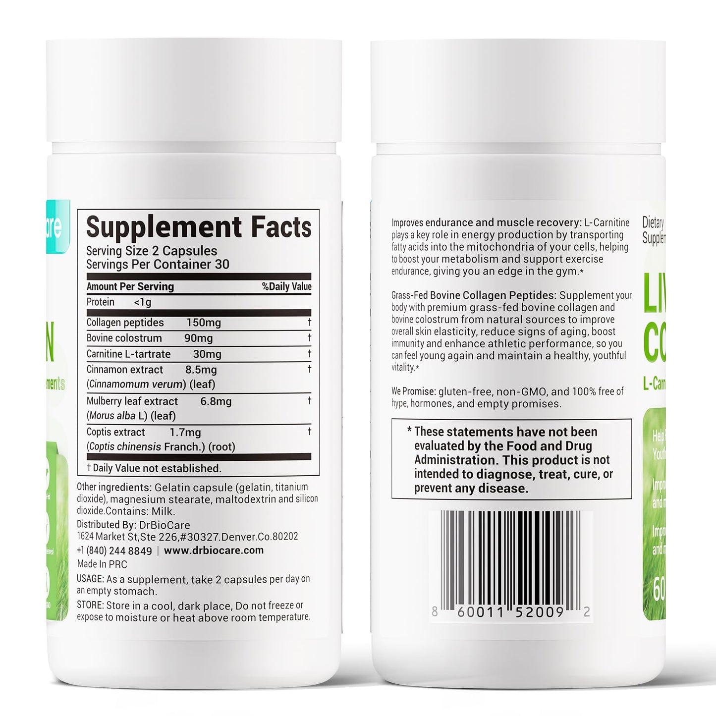 DrBioCare Living Collagen L-Carnitine Complex โ Grass-Fed Collagen, Colostrum, 60 Caps