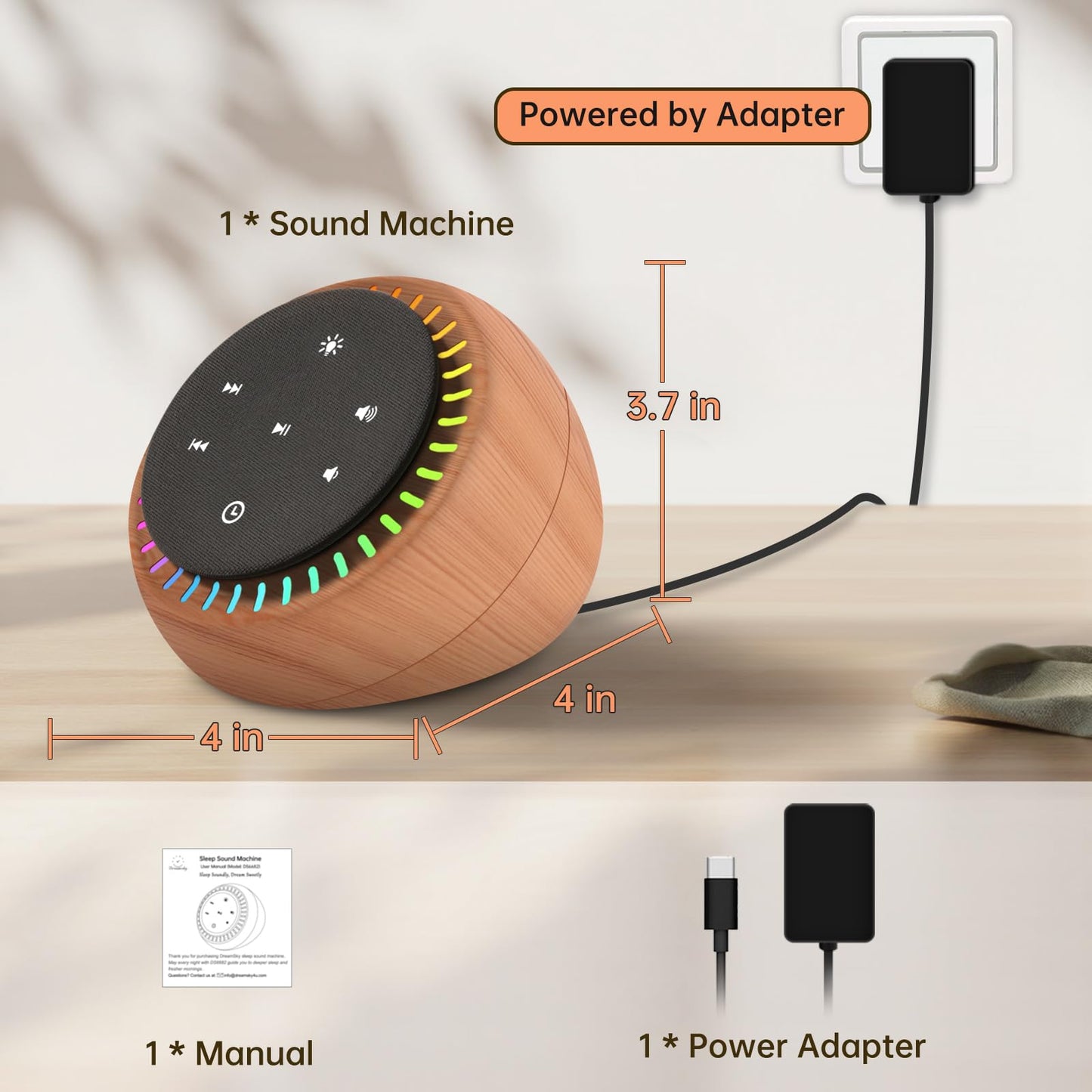 DreamSky Sound Machine for Sleep & Focus β 26 Sounds, RGB Night Light, Wood Grain