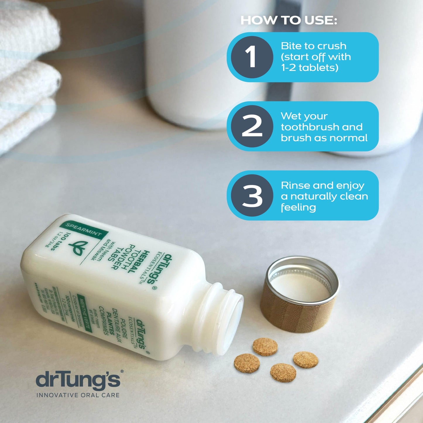 drTung's Herbal Toothpaste Tablets โ Spearmint (100 Tabs) | Dry Mouth Relief, Fluoride Free, Vegan, Non-GMO