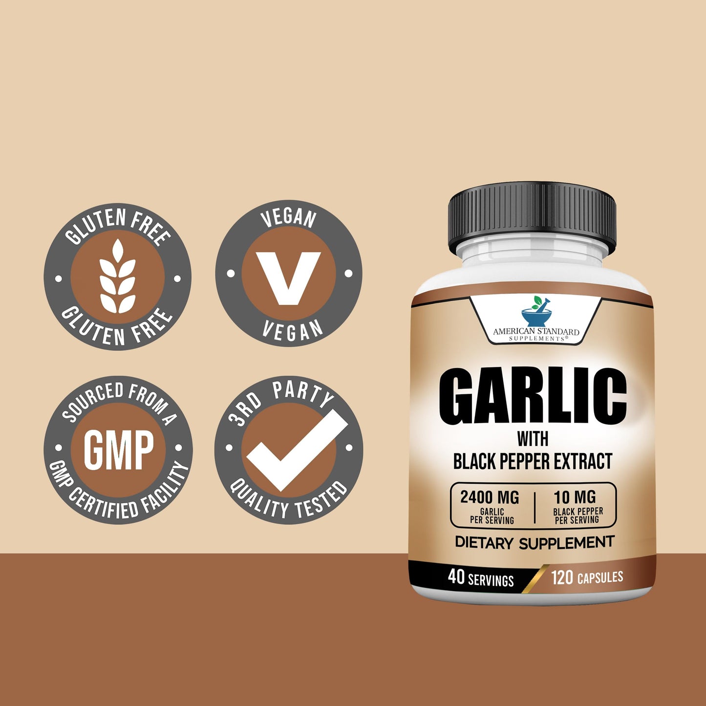 American Standard Garlic 2400mg per Serving with Black Pepper โ 120 Capsules (Pack of 2) | Vegan, Gluten Free