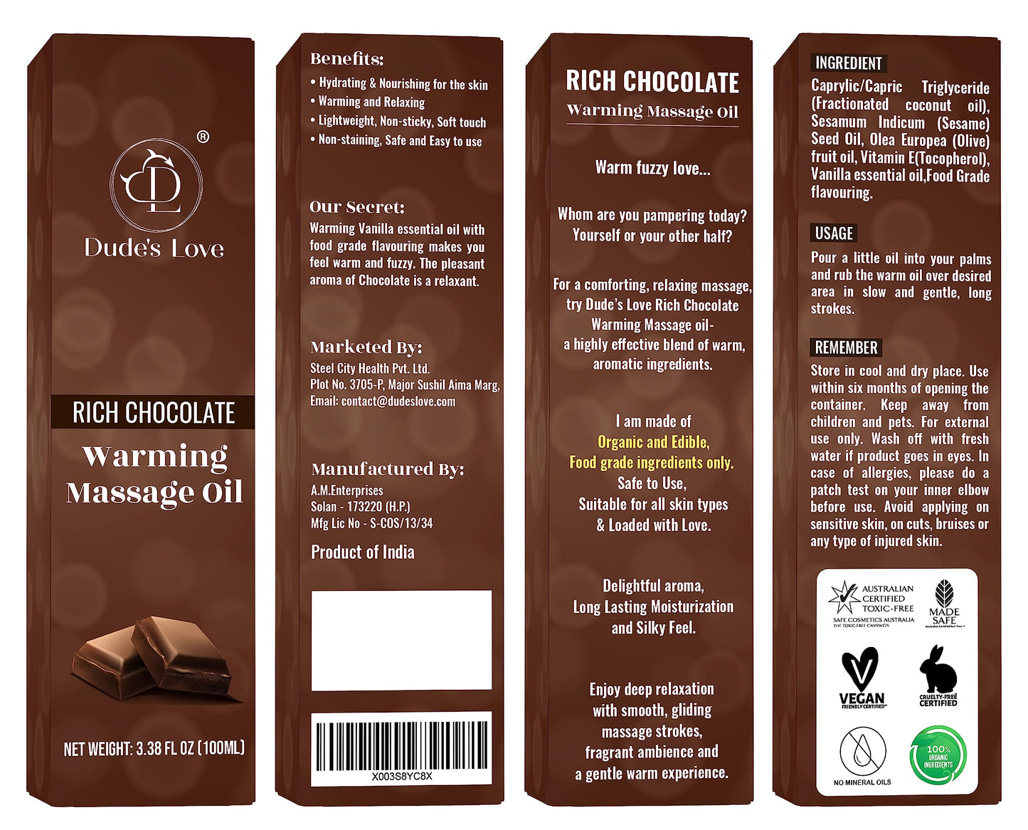 Dude's Love Organic Chocolate Warming Massage Oil โ Non-Stain, Non-Sticky | 3.38 Fl Oz