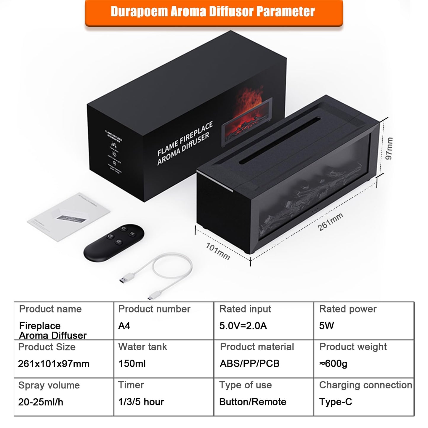 Durapoem Fireplace Essential Oil Diffuser 150ml โ Ultrasonic Mist, 7-Color Flame, Remote