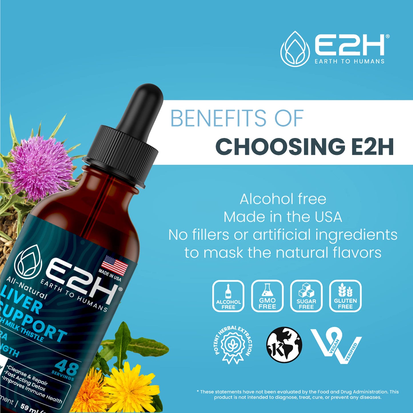 E2H Liver Support Liquid Drops β Milk Thistle Detox with Artichoke & Dandelion | 3 Bottles
