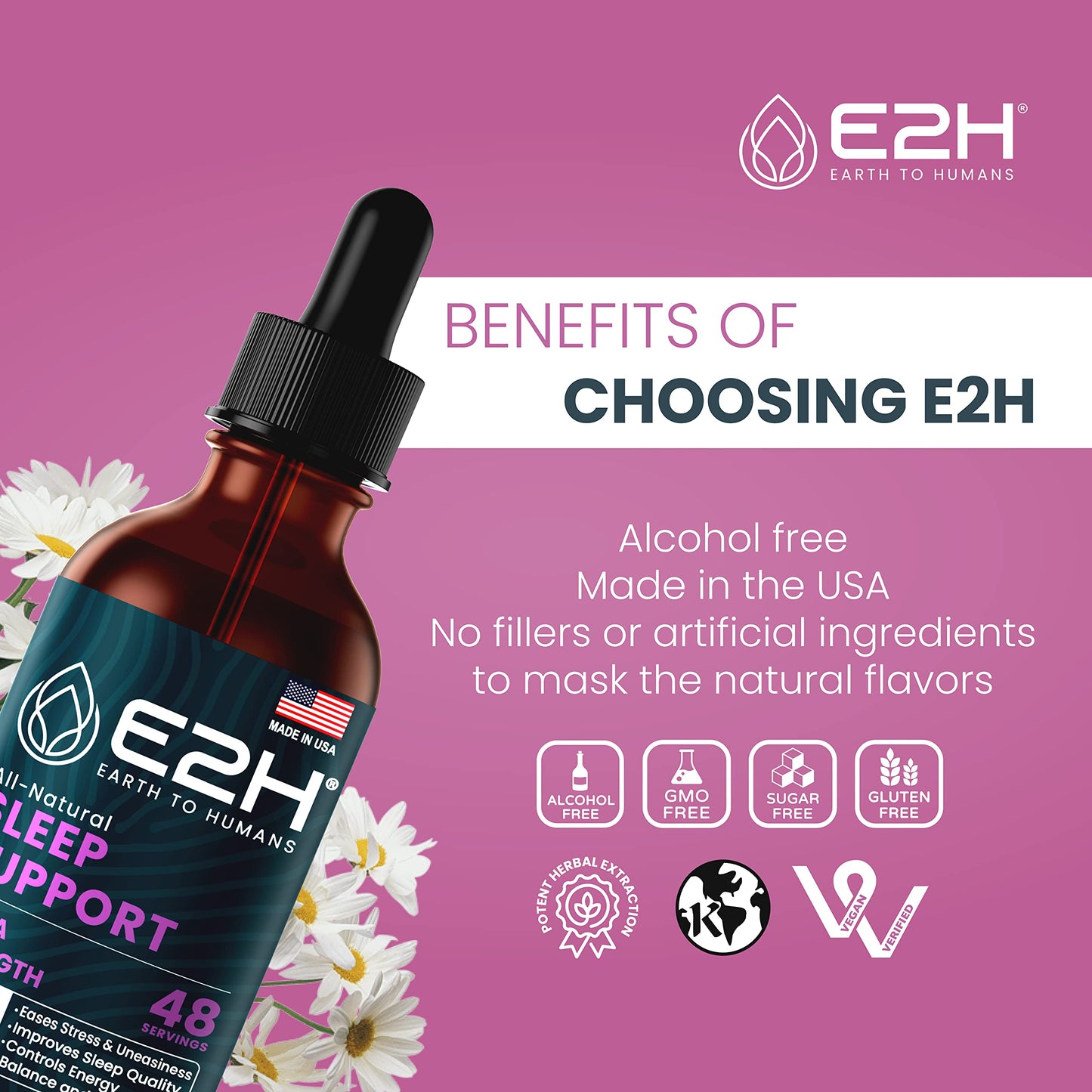 E2H Natural Sleep Support โ Liquid Melatonin with Chamomile & L-Theanine (2 oz)