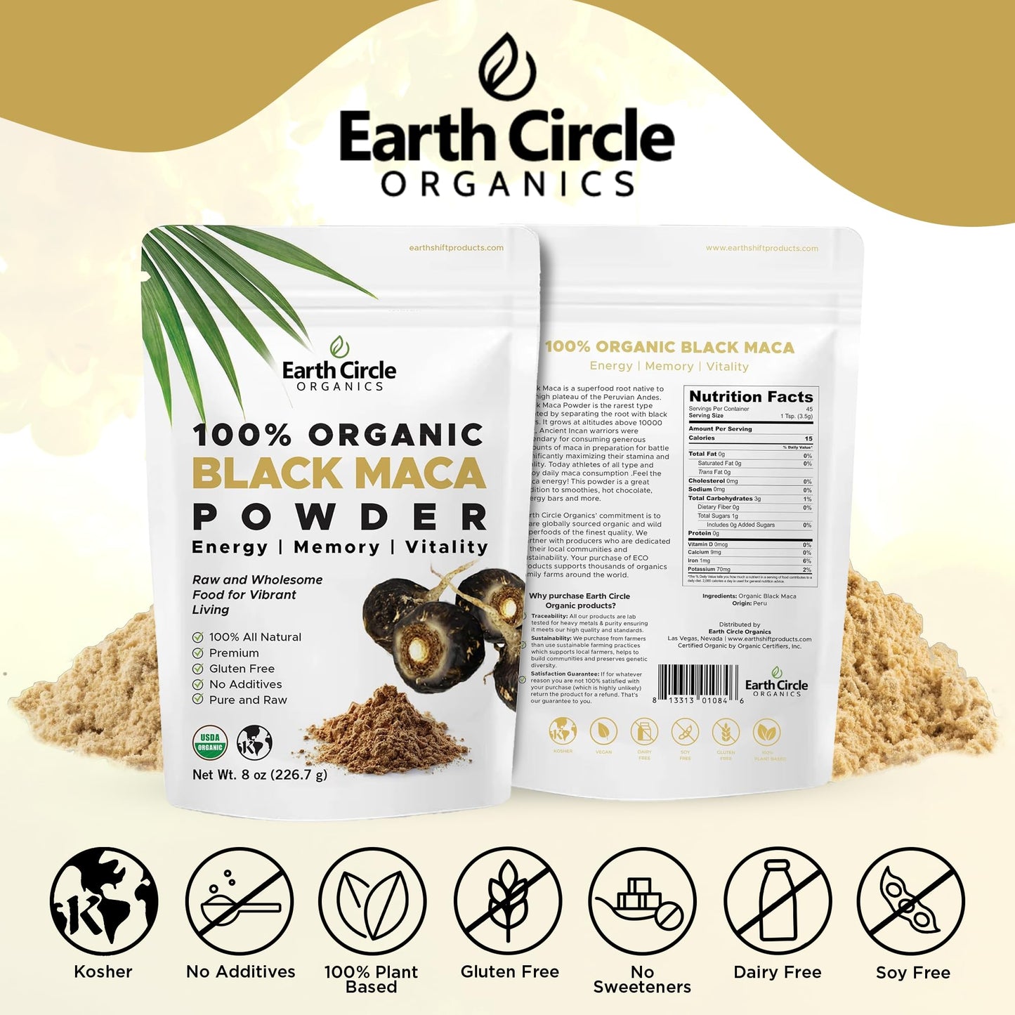 Earth Circle Organics Black Maca Powder โ Peruvian Maca Negra, Energy & Vitality (8oz x3)