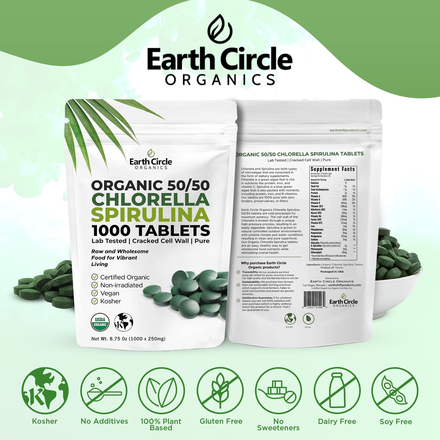 Earth Circle Organics Premium Organic Chlorella & Spirulina Tablets 1000 Count (50/50) β Cracked Cell Wall for Maximum Absorption | Vegan, Kosher Green Algae Superfood | Pack of 2