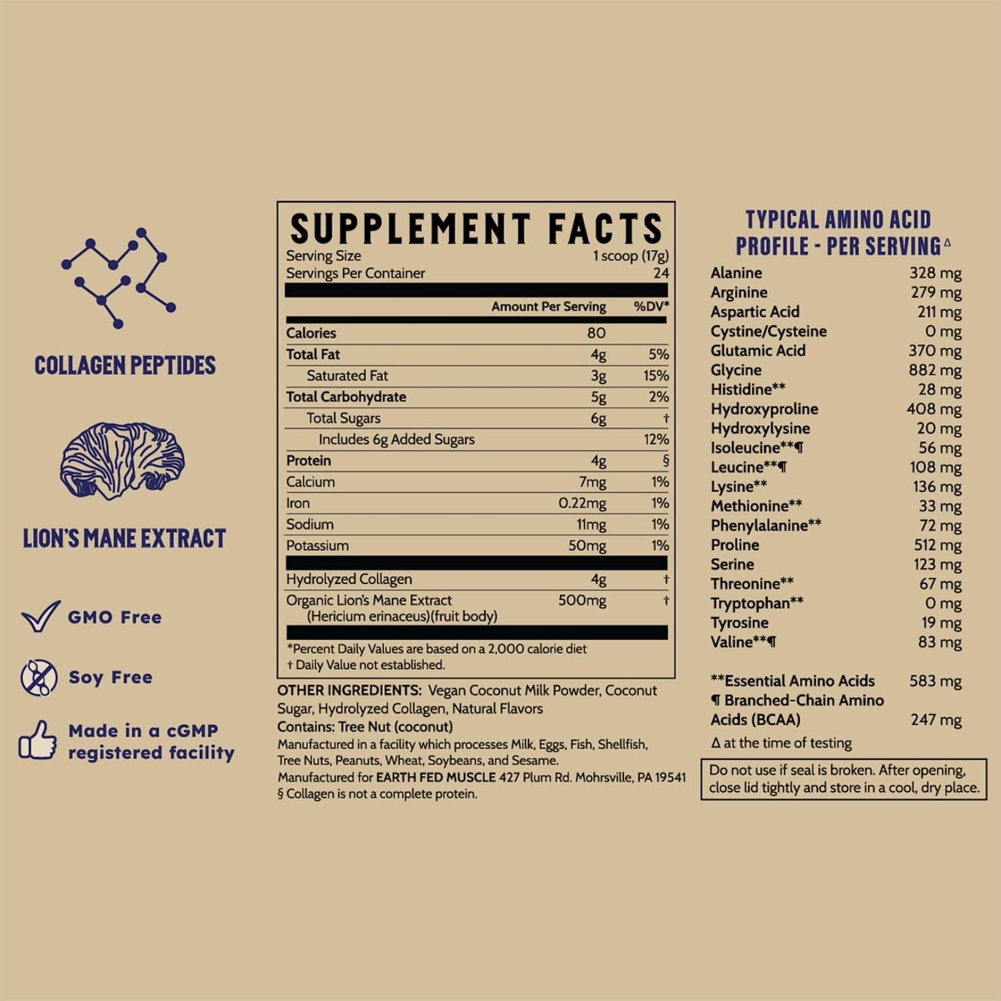 Earth Fed Muscle Morning Charge Protein Coffee Creamer with Collagen & Lion's Mane โ Organic, Dairy-Free, Soy-Free, Gluten-Free โ 24 Servings