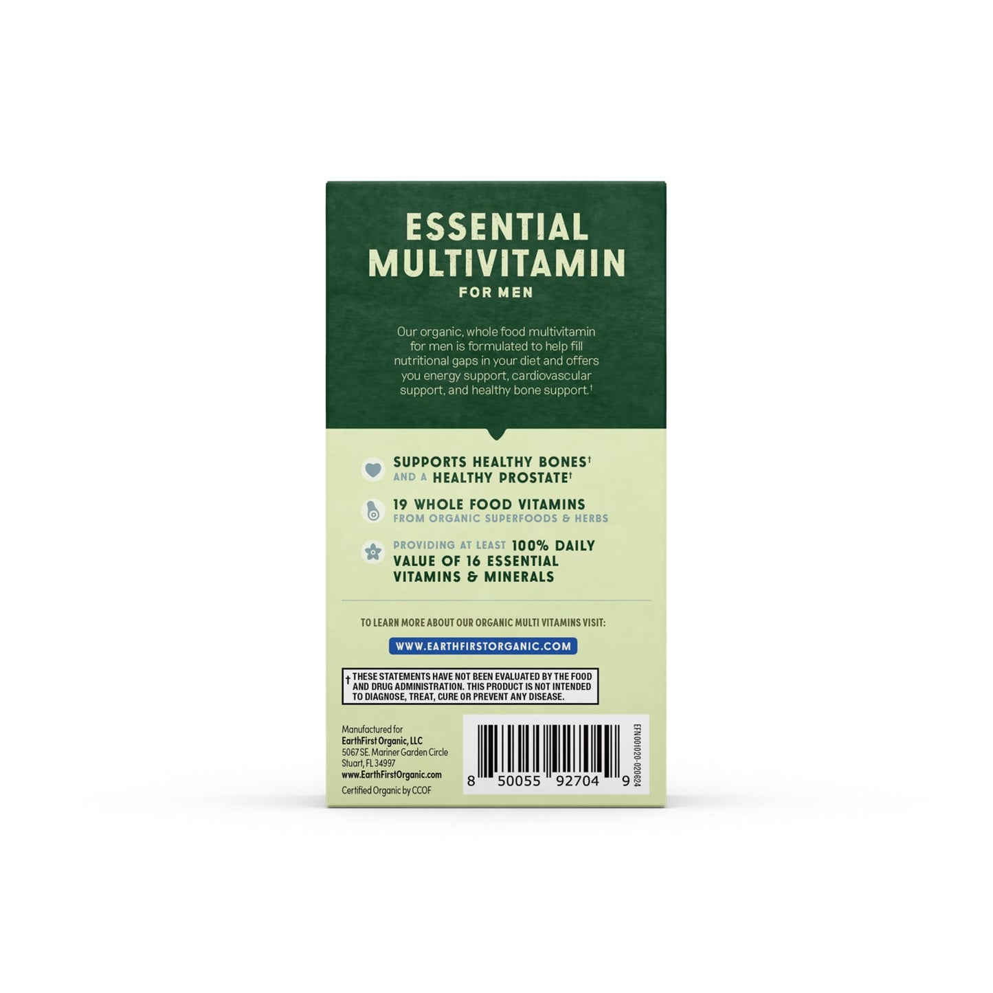 EarthFirst Organic Men's Multivitamin - Whole-Food, Once Daily, 19 Vitamins - 30 Count