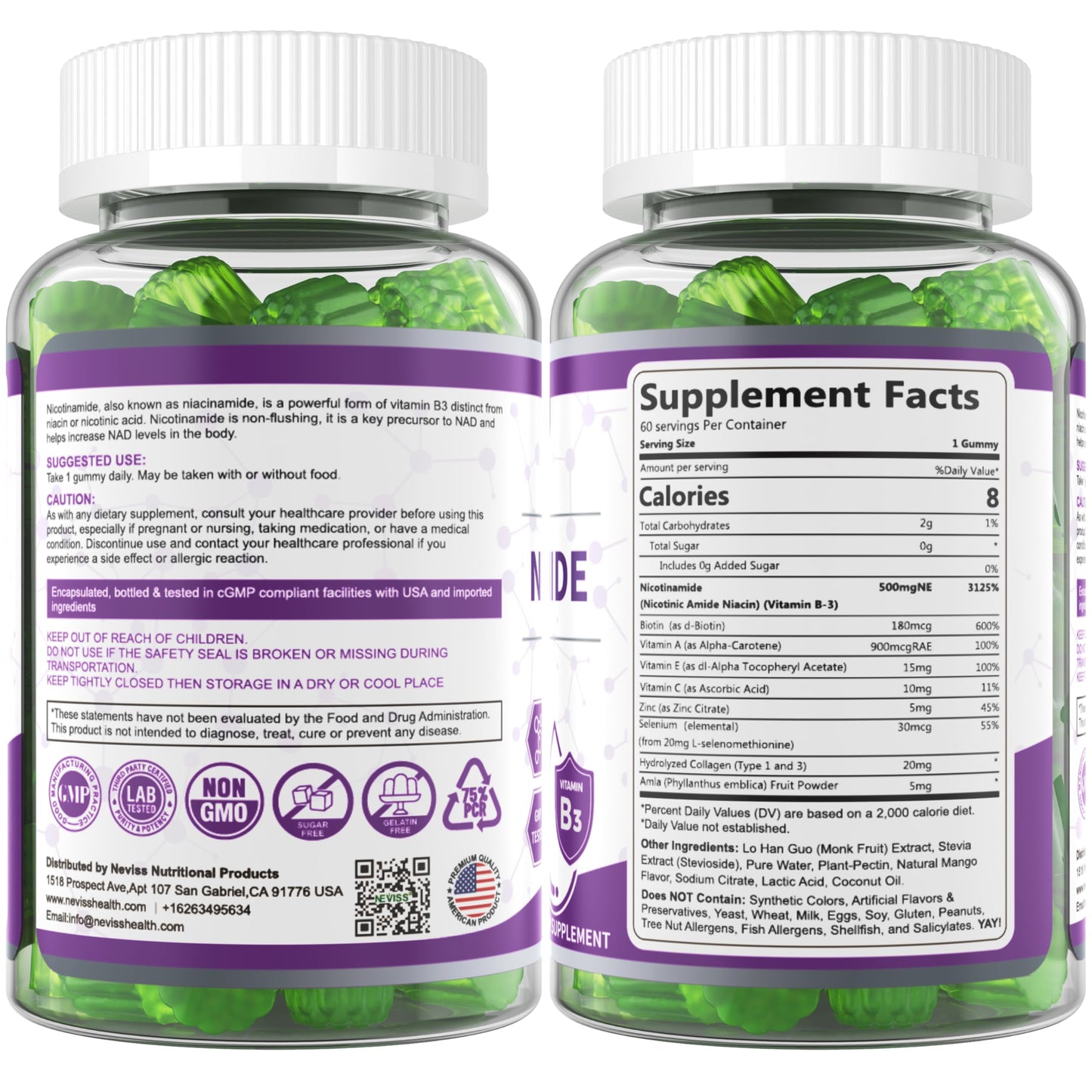 Sugar Free Nicotinamide 500mg Gummies โ Flush-Free Vitamin B3 Niacinamide