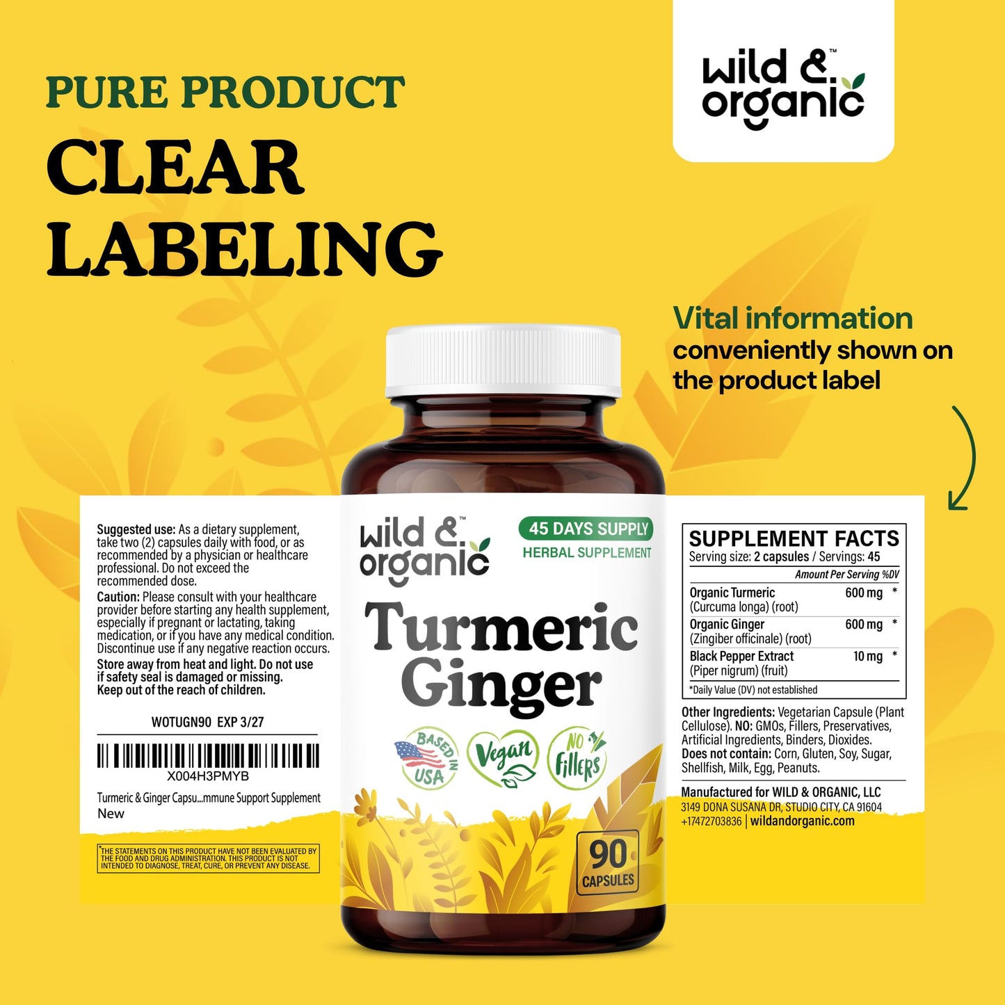 Wild & Organic Turmeric Ginger Capsules โ Mobility & Immune Support | Vegan, Non-GMO | 90 Count