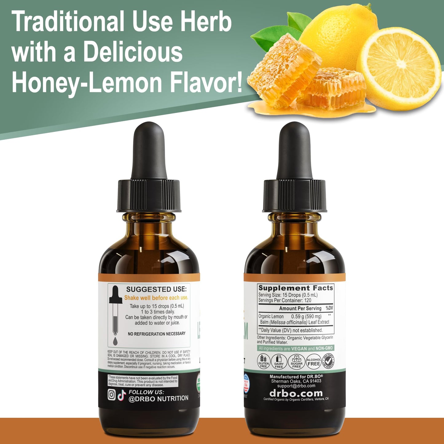 Organic Lemon Balm Extract Tincture โ Calm Relaxation Drops (Vegan, 2oz)