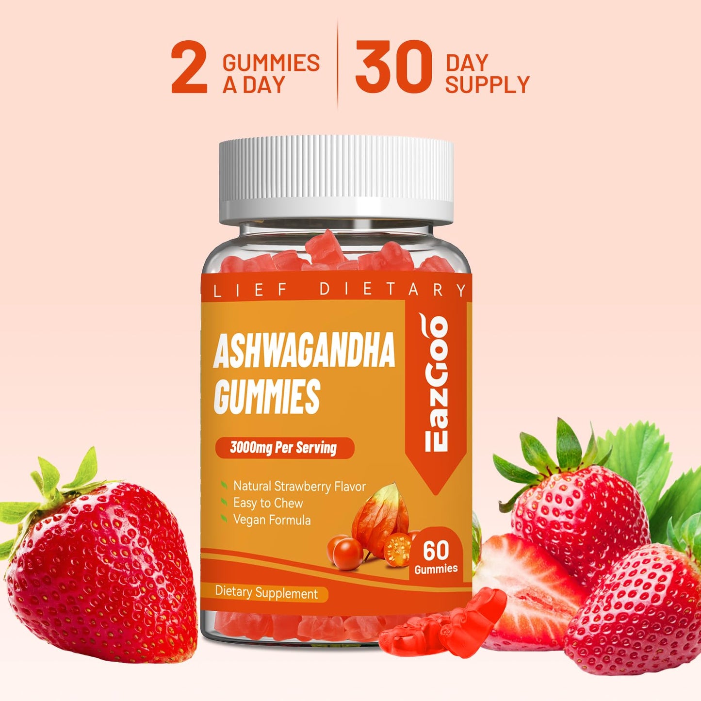 EAZGOO Ashwagandha Gummies & Vitamin D3 โ 3000mg Extra Strength Ashwagandha, Strawberry Flavor, 60 Count