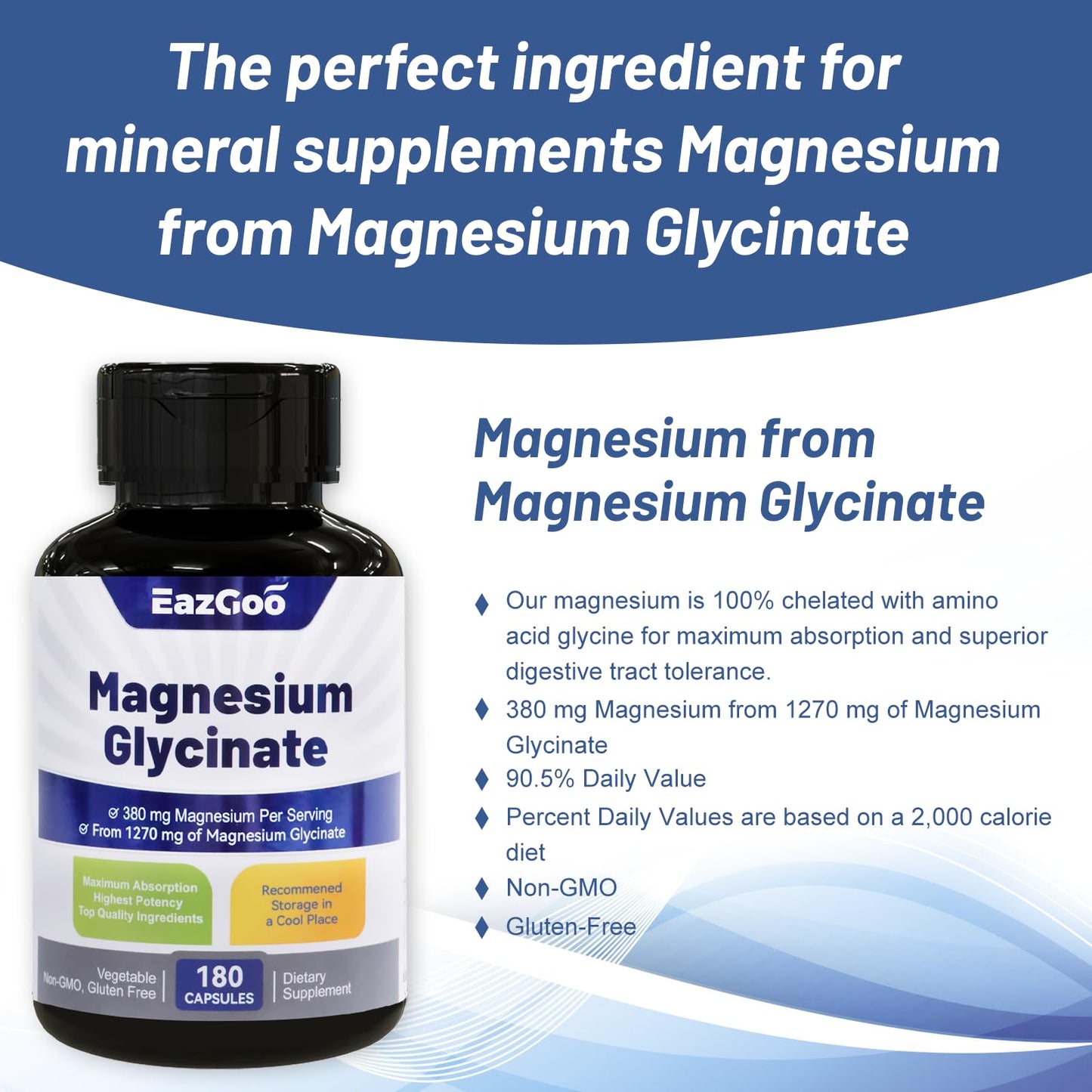 EAZGOO Magnesium Glycinate Capsules โ High-Absorption, Non-GMO, Gluten-Free, 180 Capsules
