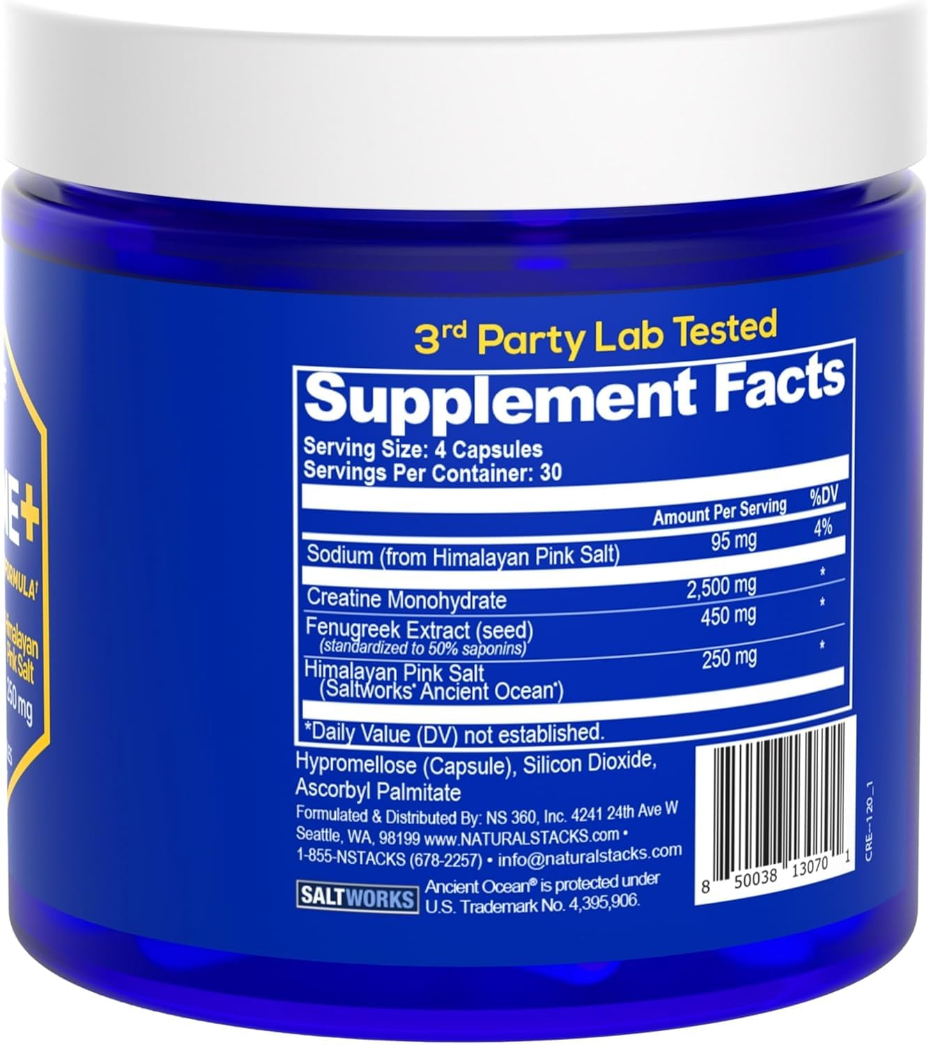 Creatine Monohydrate Pills โ 2500mg, Fenugreek 450mg & Himalayan Salt 250mg โ 120 Caps