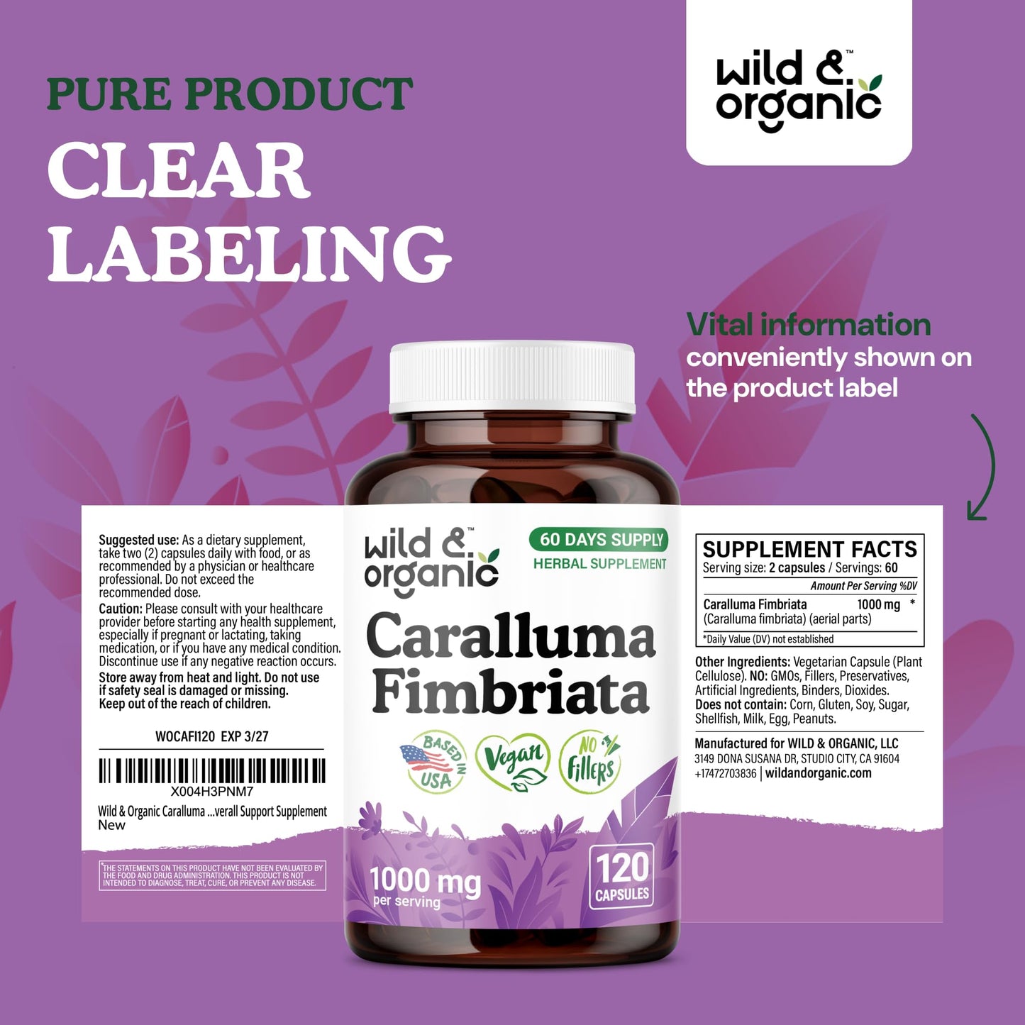 Wild & Organic Caralluma Fimbriata Capsules 1000 mg โ Vegan, No Fillers | 120 Count
