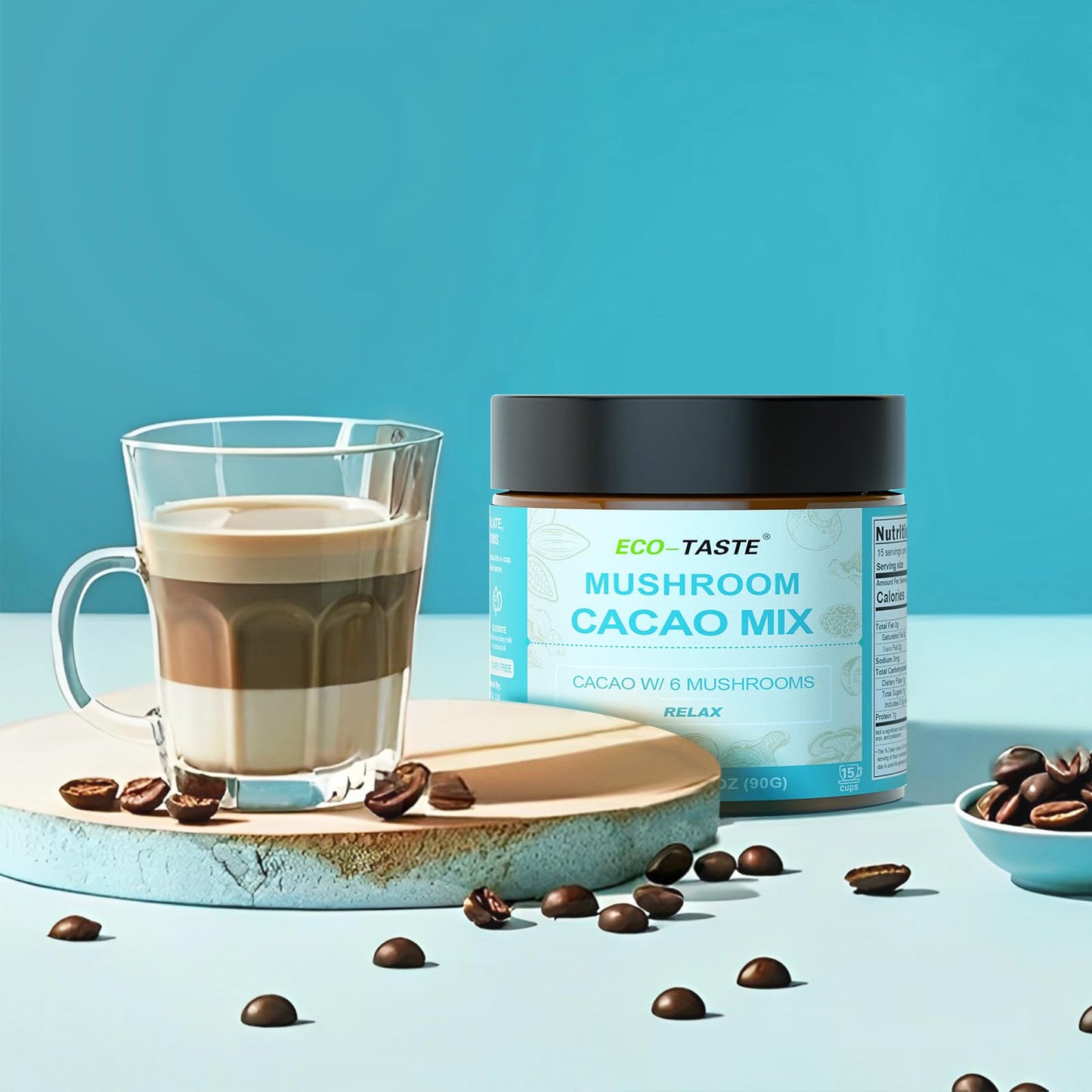ECO-TASTE Mushroom Cacao Mix โ 1000mg Mushroom Extract, Vegan & Gluten-Free Coffee Alternative