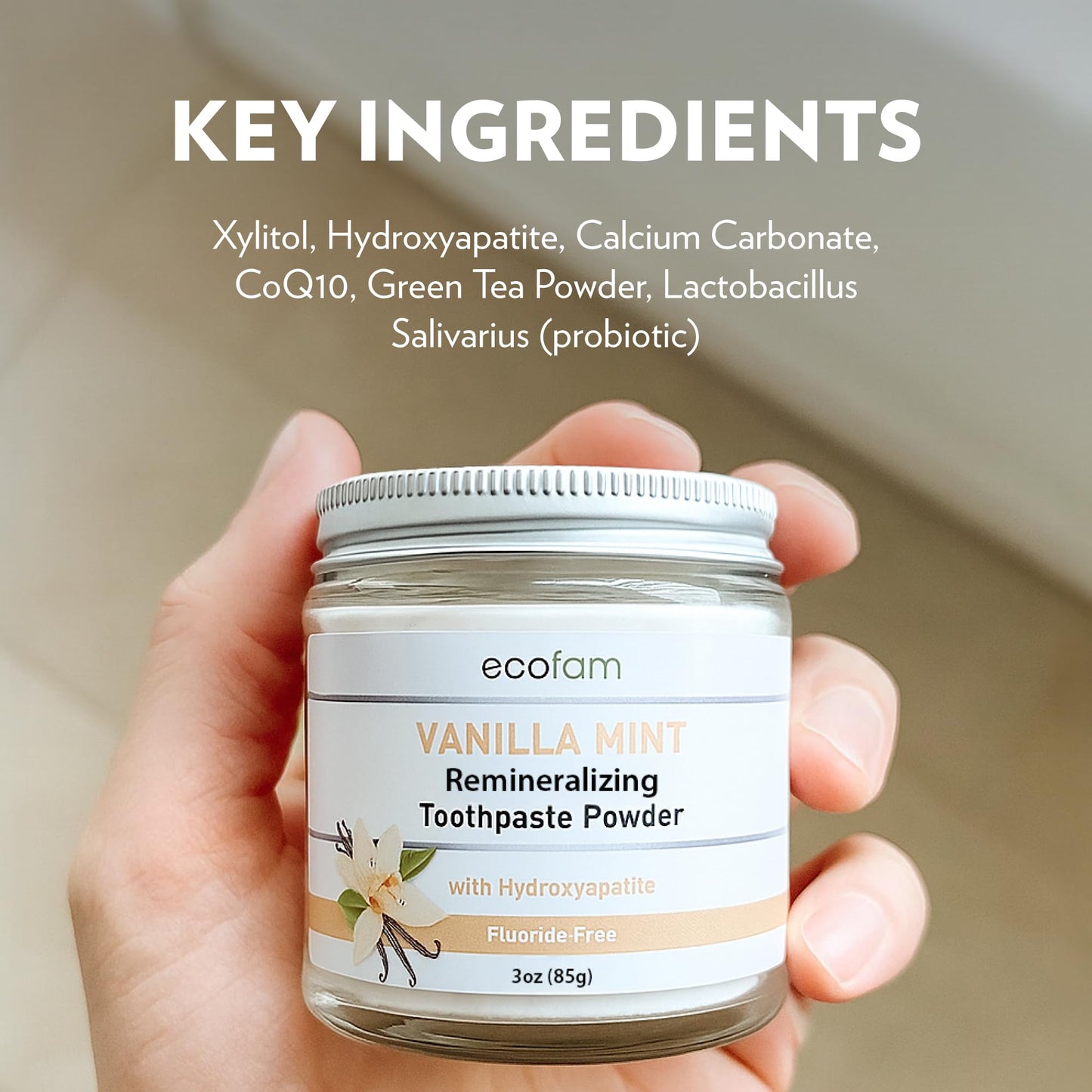 Ecofam Toothpaste Powder โ Remineralizing with Hydroxyapatite & Xylitol | Fluoride Free โ Vanilla Mint
