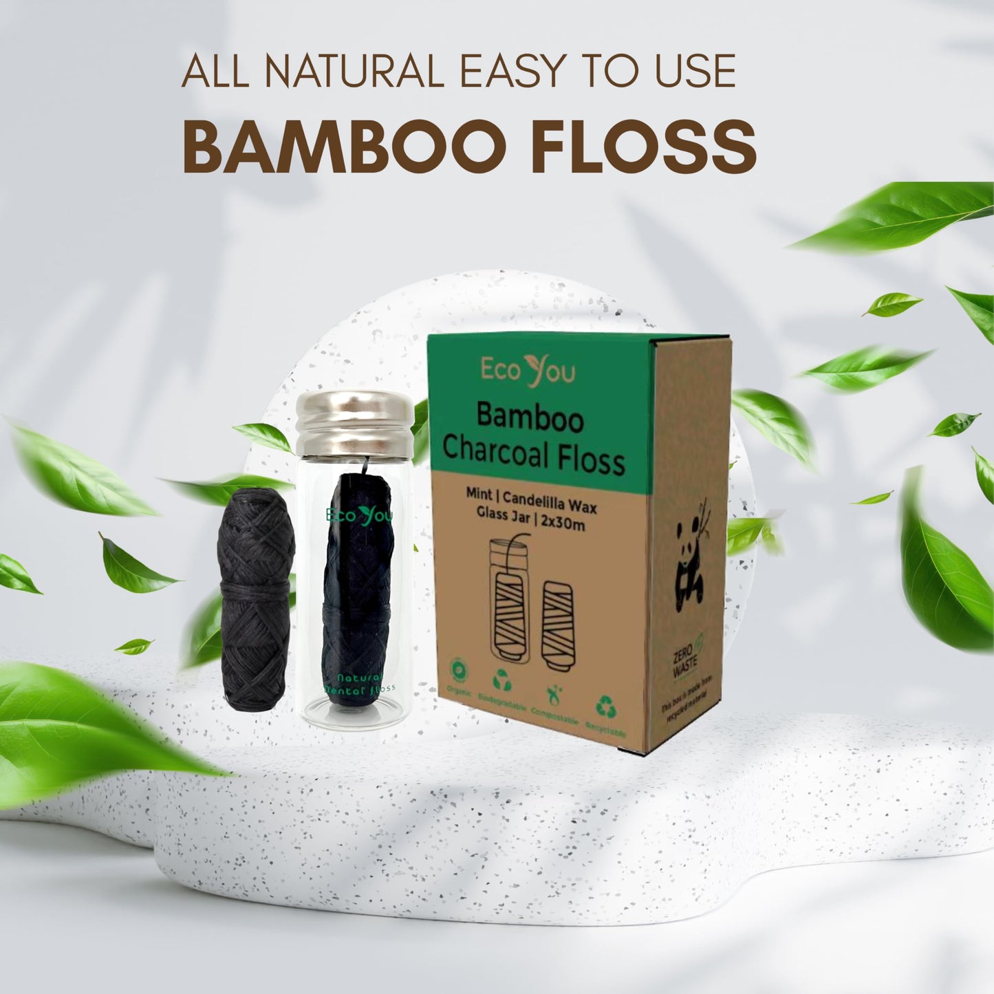 EcoYou Charcoal Bamboo Floss โ 2 Refill Spools + Glass Container | Vegan & Biodegradable