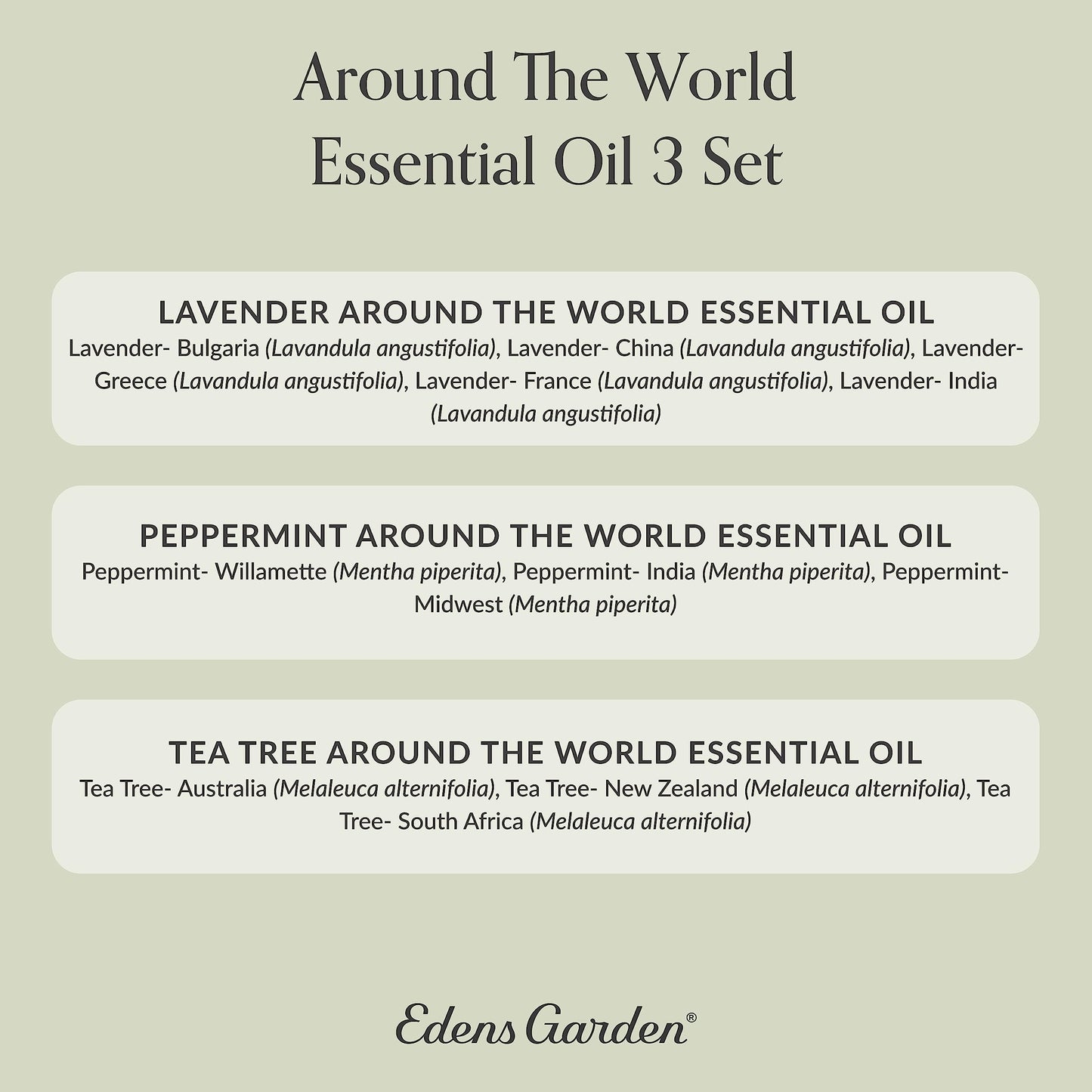 Edens Garden Around The World 3 Set โ 3 Pack Lavender, Peppermint & Tea Tree Oils โ No Fragrance & Undiluted, 100% Pure Therapeutic Grade (10 ml each)