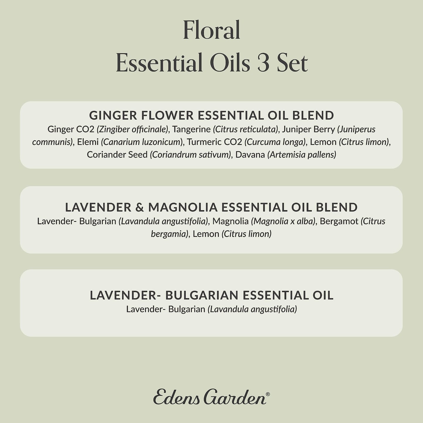 Edens Garden Floral Essential Oils Set โ Ginger Flower, Lavender & Magnolia (10 ml each)
