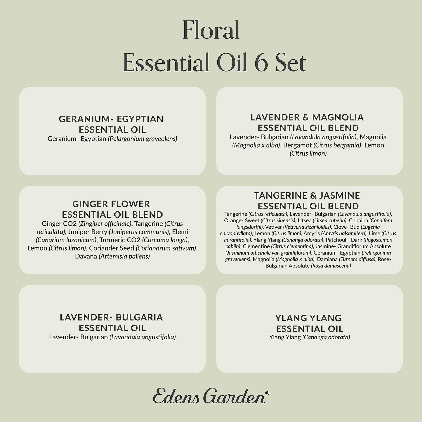 Edens Garden Floral Essential Oils 6 Set โ 100% Pure Therapeutic Grade Blends: Geranium, Lavender, Magnolia, Tangerine, Jasmine, Ylang Ylang โ 10 ml / 6 Pack