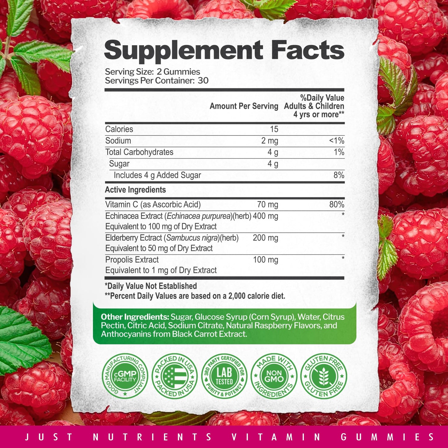Elderberry Gummies with Vitamin C, Echinacea & Propolis (60 ct) โ Immune Support โ Raspberry Flavor โ Gluten Free, Vegan